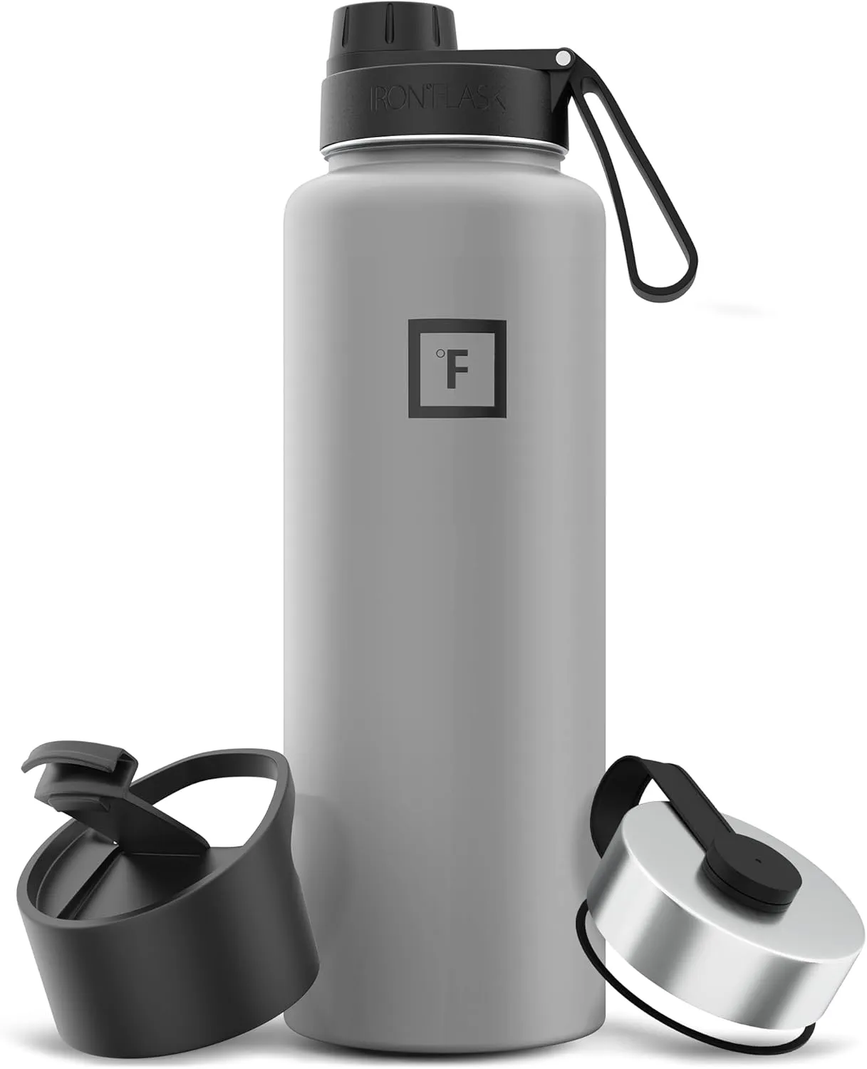 IRON °FLASK Camping & Hiking Hydration Flask with 3 Lids - Stainless Steel, Double Walled & Vacuum Insulated Water Bottle - Leak Proof & BPA Free (Graphite, Spout - 40 oz)