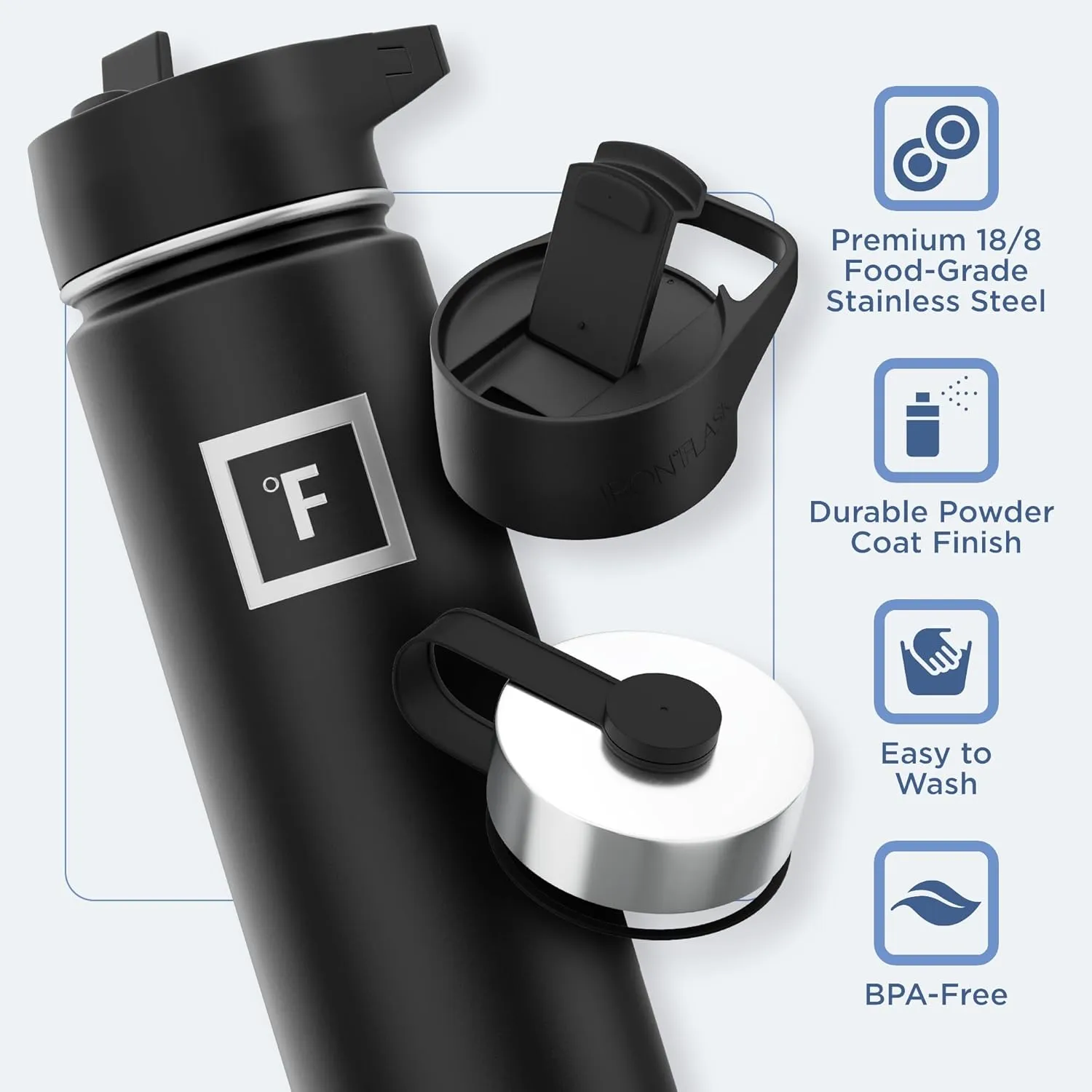 IRON °FLASK Camping & Hiking Hydration Flask with 3 Lids - Stainless Steel, Double Walled & Vacuum Insulated Water Bottle - Leak Proof & BPA Free (Sage, Straw - 22 oz)