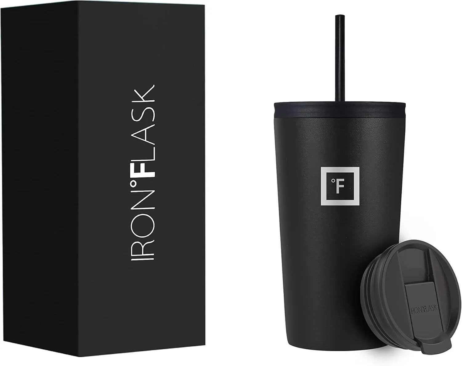IRON °FLASK Classic Tumbler - 2 Lids, Vacuum Insulated Stainless Steel Water Bottle, Double Walled, Drinking cup, Thermos Travel Mug (Midnight Black, 16 oz Solid Lid)