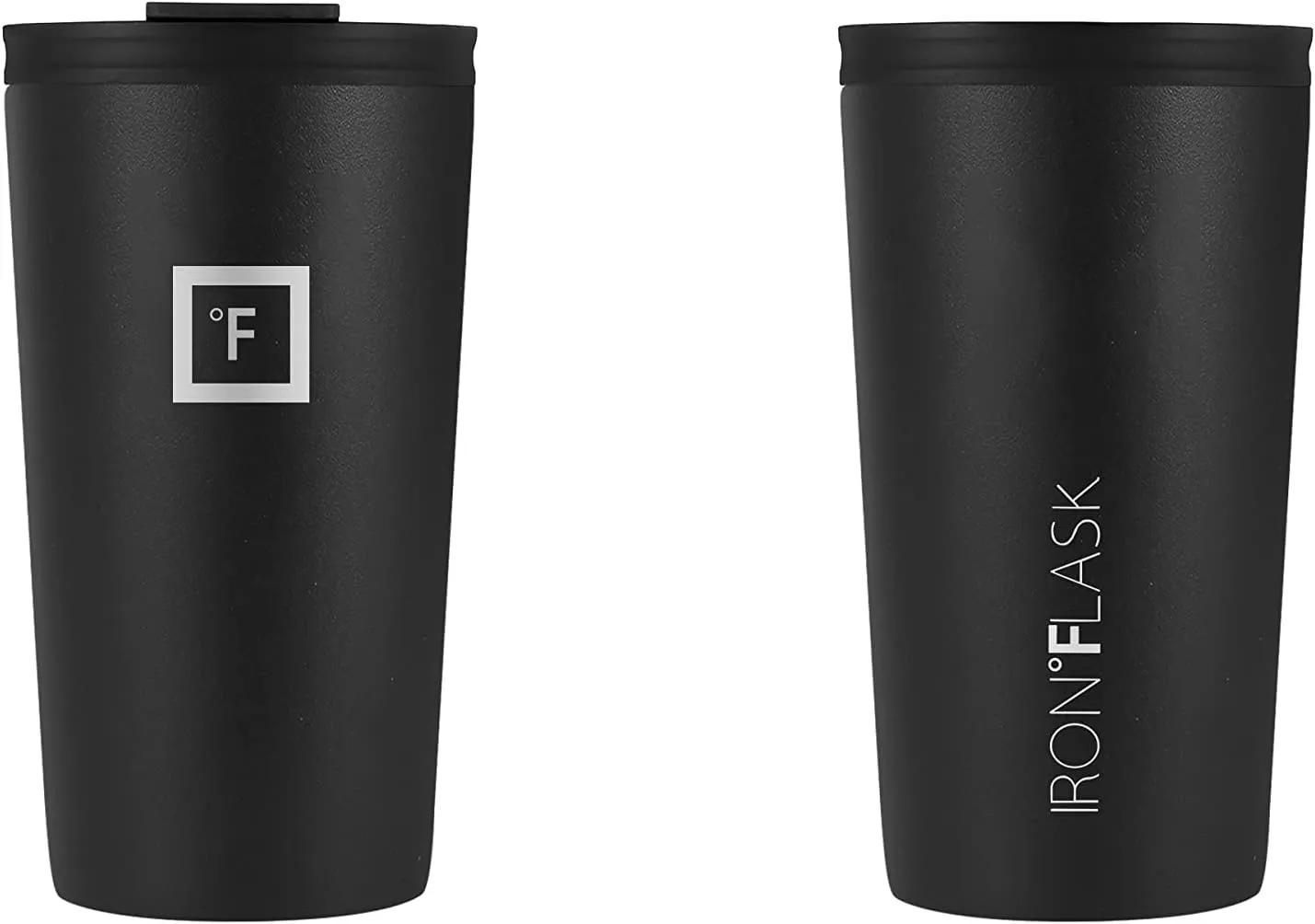 IRON °FLASK Classic Tumbler - 2 Lids, Vacuum Insulated Stainless Steel Water Bottle, Double Walled, Drinking cup, Thermos Travel Mug (Midnight Black, 16 oz Solid Lid)