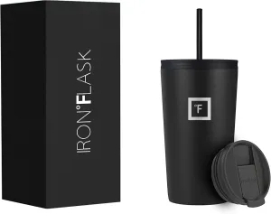 IRON °FLASK Classic Tumbler - 2 Lids, Vacuum Insulated Stainless Steel Water Bottle, Double Walled, Drinking cup, Thermos Travel Mug (Midnight Black, 16 oz Solid Lid)