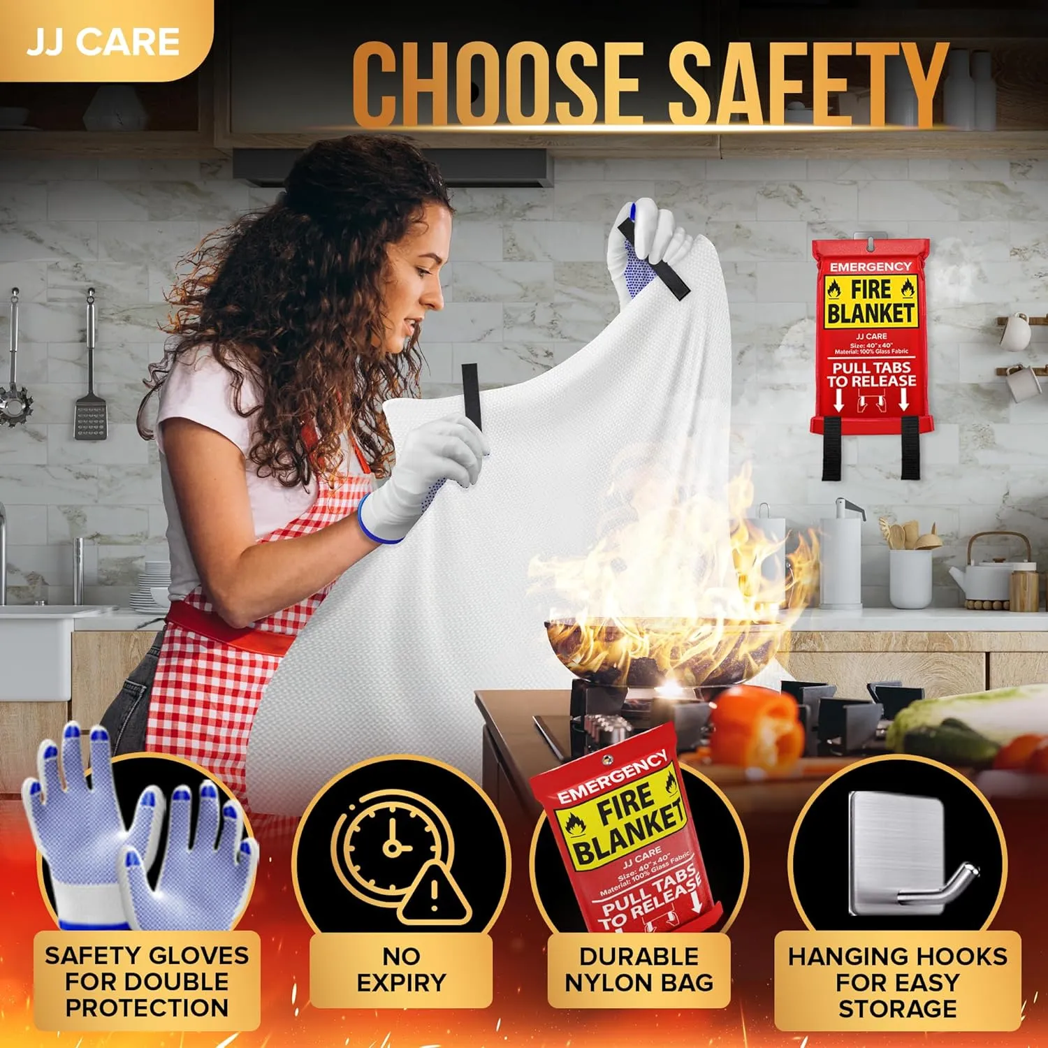 JJ CARE Fire Blanket – 9 Packs with Hooks and Gloves – 40” x 40” Fire Blankets Emergency for Home and Kitchen, High Heat Resistant and Flame Protection for Kitchen, Car, Office, Camping & Home Safety
