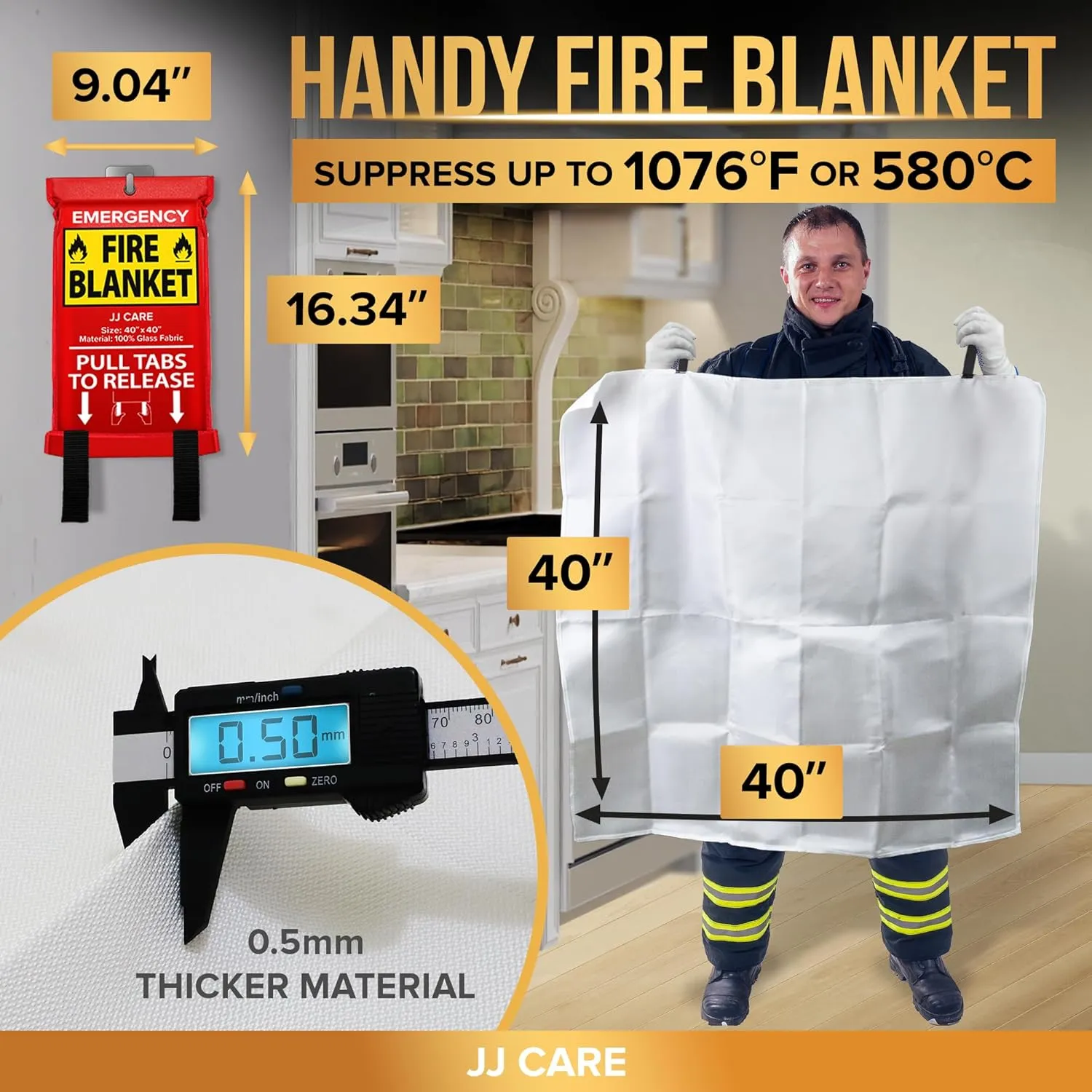 JJ CARE Fire Blanket – 9 Packs with Hooks and Gloves – 40” x 40” Fire Blankets Emergency for Home and Kitchen, High Heat Resistant and Flame Protection for Kitchen, Car, Office, Camping & Home Safety