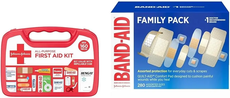 Johnson & Johnson All-Purpose Portable Compact First Aid Kit for Minor Cuts & Band-Aid Brand Adhesive Bandage Family Variety Pack