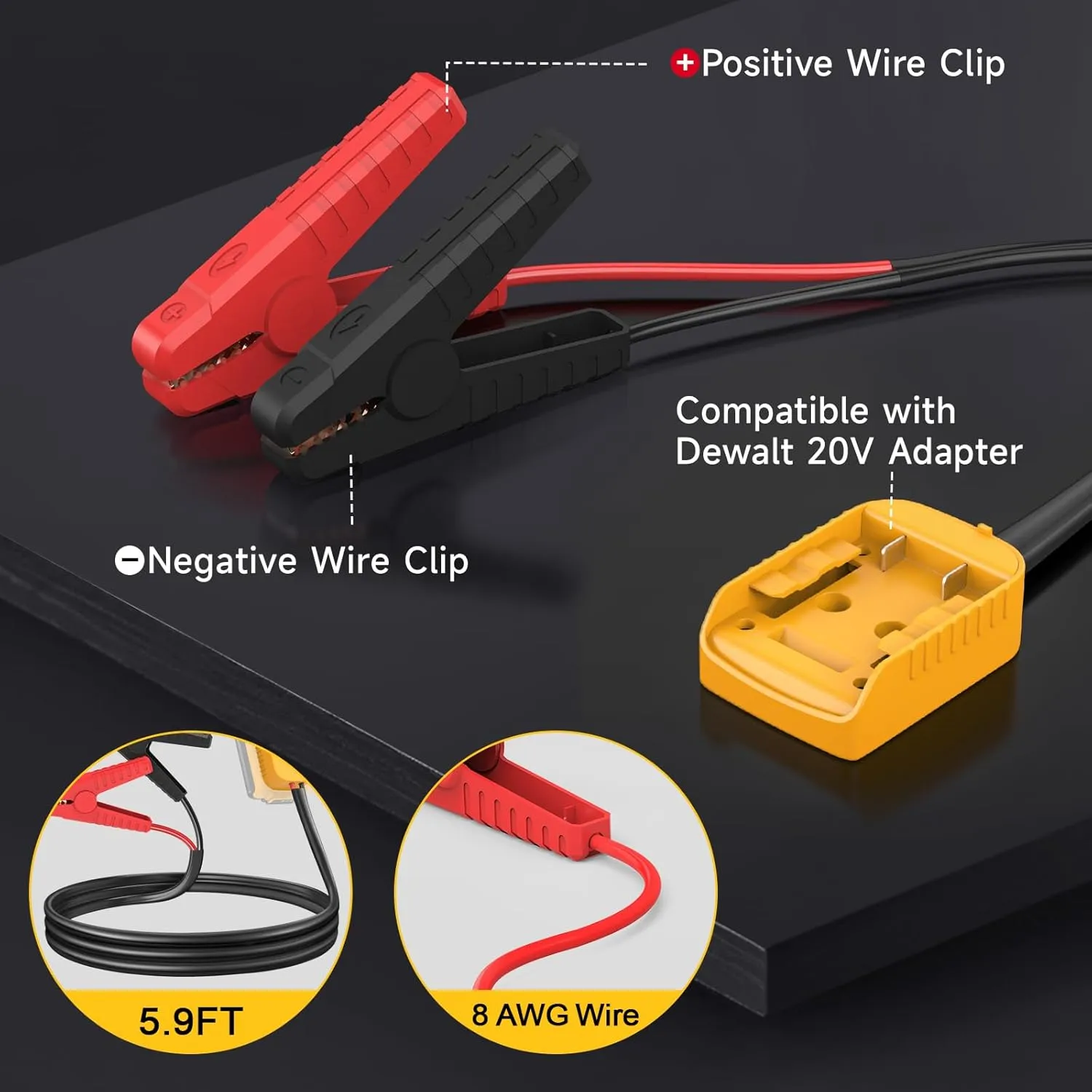 Jumper Cable Clamps Compatible with DeWalt 20V Battery, 5.9FT 8AWG Portable Battery Jumper Starter Automotive Booster Cables for Jump Starting Using Tool