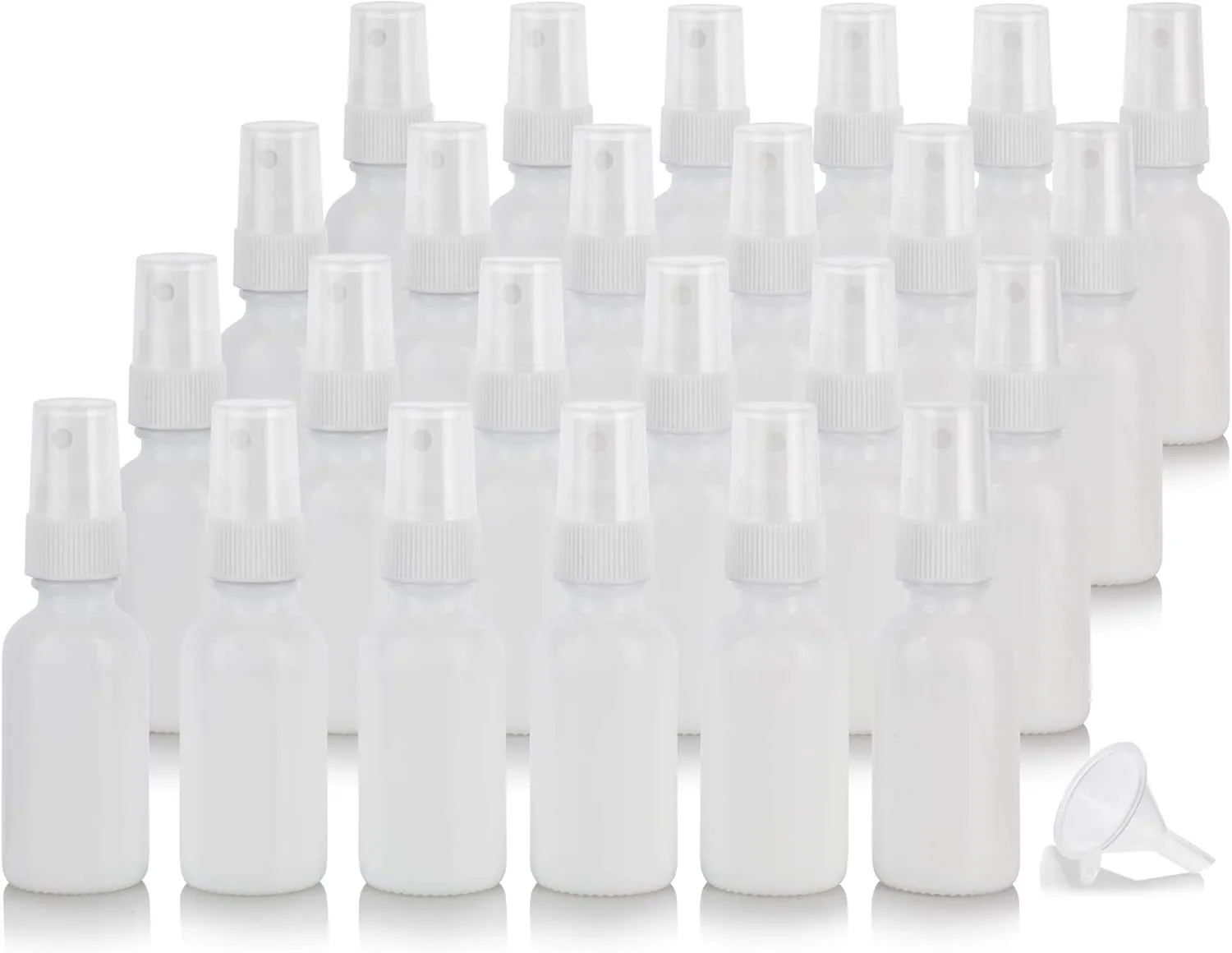 JUVITUS 1 oz Opal Glass Boston Round Bottle with White Fine Mist Spray (24 pack)   Funnel