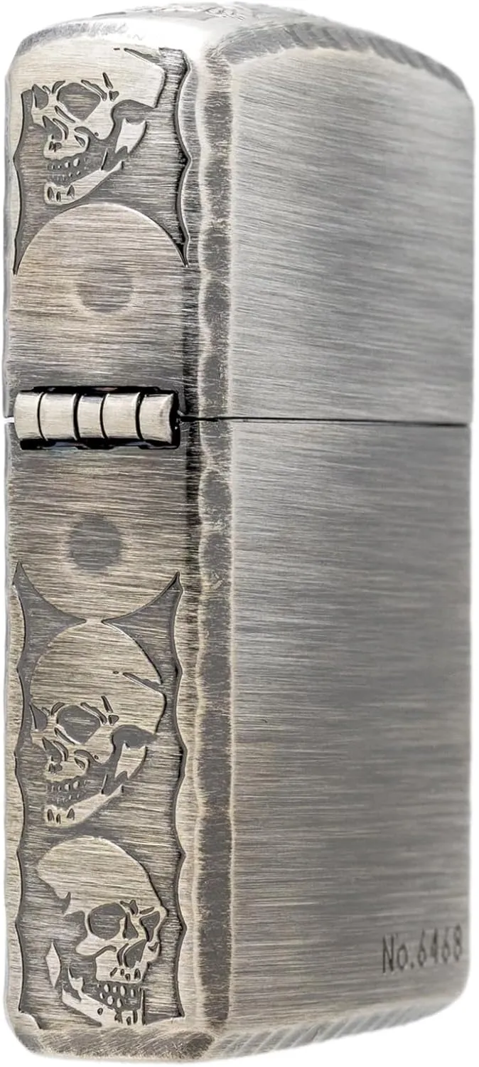 KAJIKAWA Zippo Zippo Lighter, Windproof, Brass, Armor Zippo Etched Corner Router, 3 Sides Finished, Serial Number, Includes Special Sticker, Silver 3ER-Skull (B)