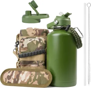 Kalawen 64 oz Insulated Water Bottle with Straw, Half Gallon Stainless Steel Water Bottle with Sleeve, Metal Military Water Bottle with Tactical Carrier Bag for Hiking Camping
