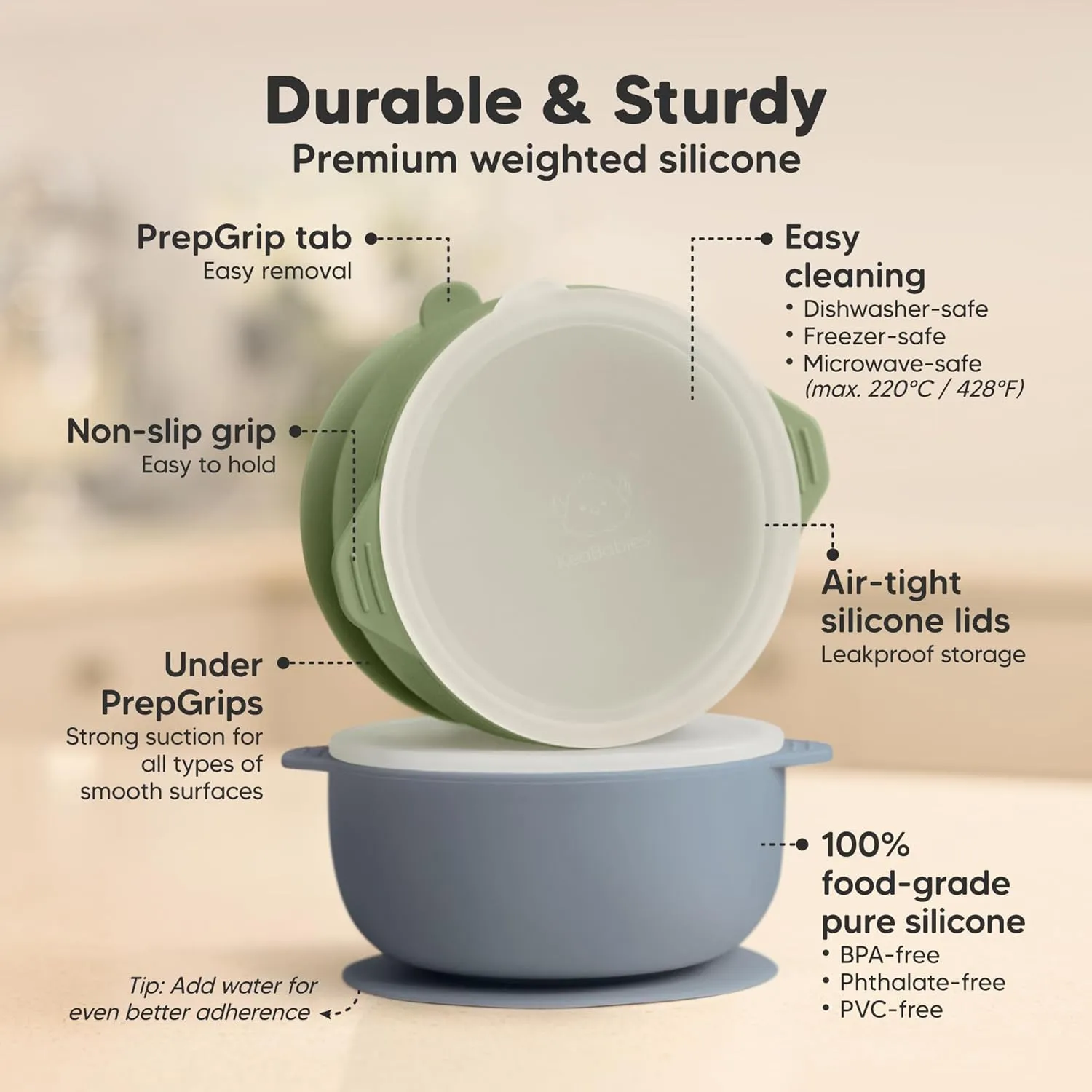 KeaBabies 2-Pack Baby Bowls with Suctions, Lids - Silicone Toddler Suction Bowls for Baby Boy, Girl, Kids, Food Grade Silicone, BPA-Free, Dishwasher Safe, Toddler Eating Essentials (Slate)