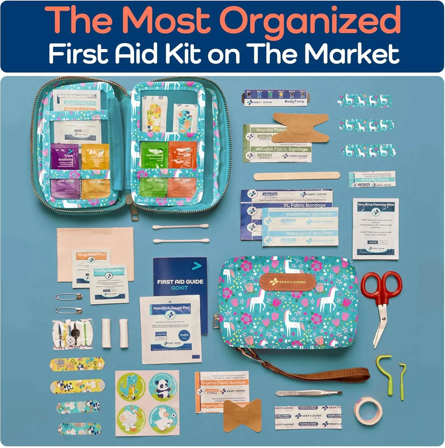 KeepGoing Travel First Aid Kit for Kids – 130 Pc. for Car, Home, Purse, Diaper Bag & Backpack with Latex-Free Bandages - Mini First Aid Kit Travel Size TSA-Approved