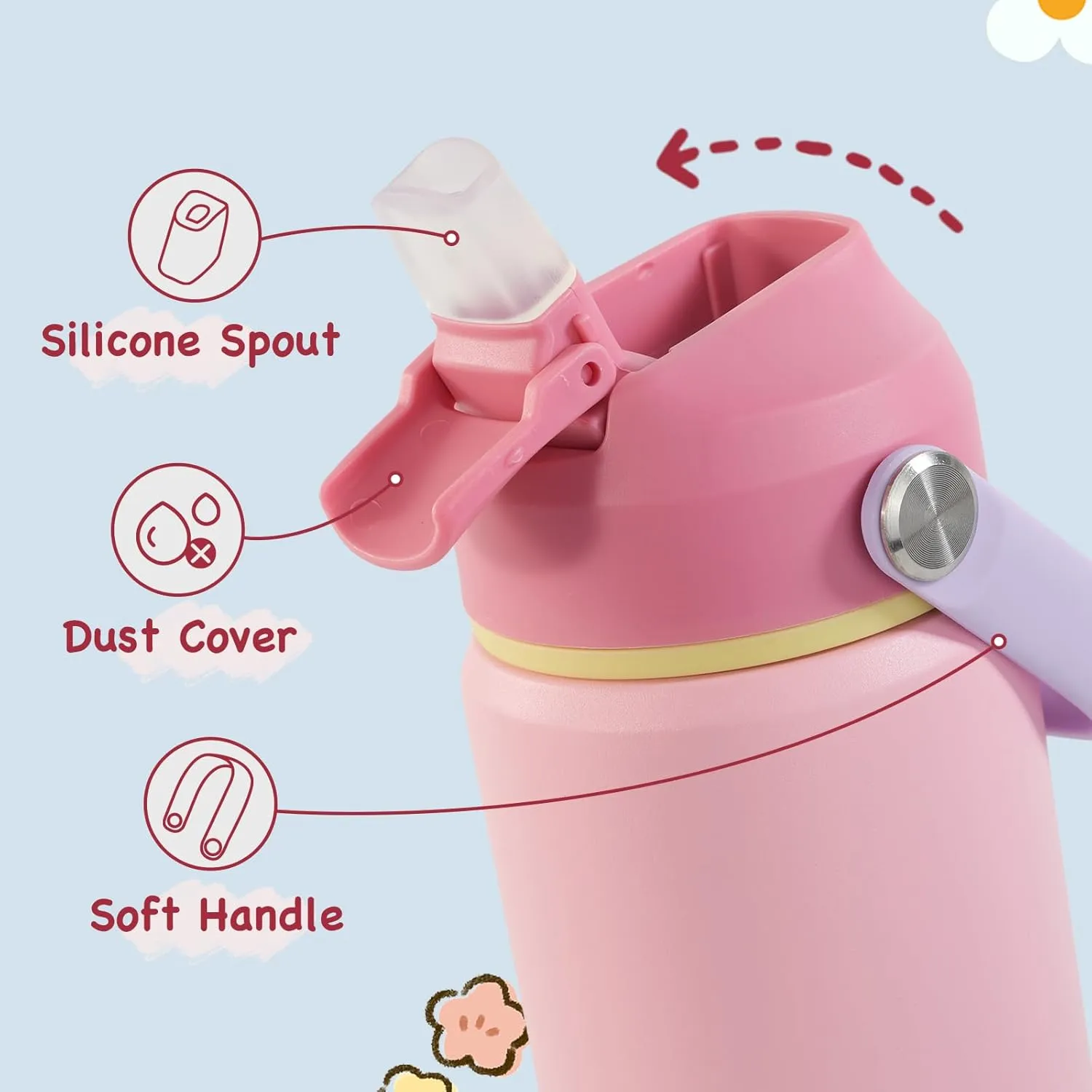 Kerilyn 12oz Insulated Water Bottle for Kids, Stainless Steel Insulated Kids Water Bottle, Toddler Cup with Straws Leak-Proof, Kids Water Bottles for School Boys Girls, BPA Free, Charm Pink