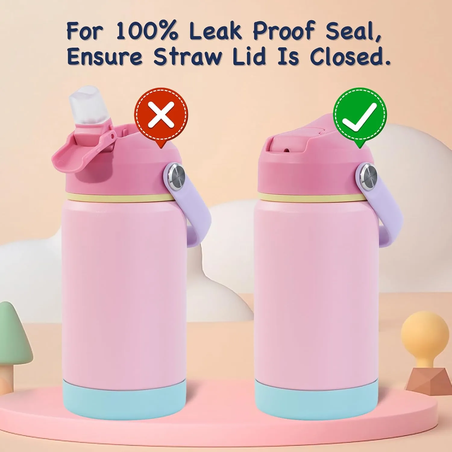Kerilyn 12oz Insulated Water Bottle for Kids, Stainless Steel Insulated Kids Water Bottle, Toddler Cup with Straws Leak-Proof, Kids Water Bottles for School Boys Girls, BPA Free, Charm Pink