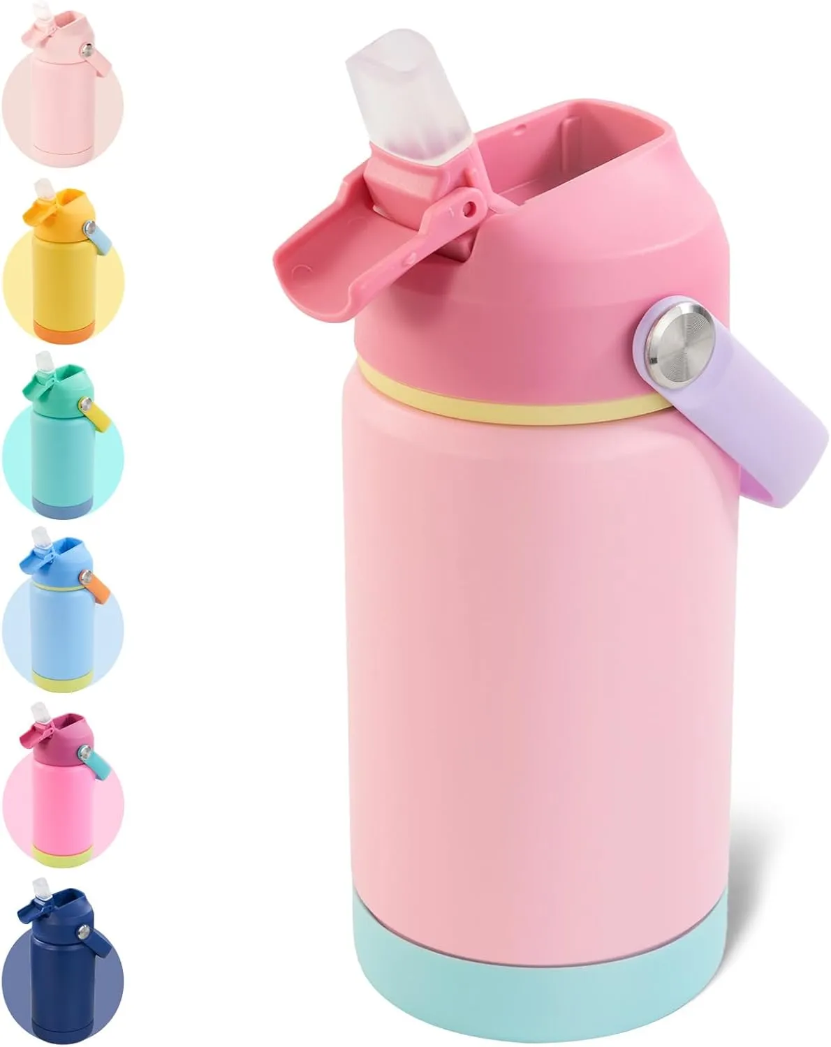 Kerilyn 12oz Insulated Water Bottle for Kids, Stainless Steel Insulated Kids Water Bottle, Toddler Cup with Straws Leak-Proof, Kids Water Bottles for School Boys Girls, BPA Free, Charm Pink