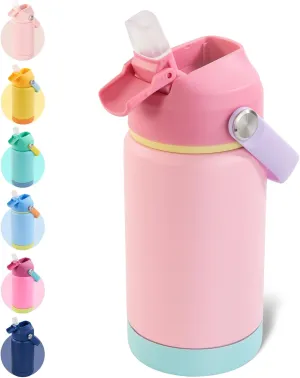 Kerilyn 12oz Insulated Water Bottle for Kids, Stainless Steel Insulated Kids Water Bottle, Toddler Cup with Straws Leak-Proof, Kids Water Bottles for School Boys Girls, BPA Free, Charm Pink