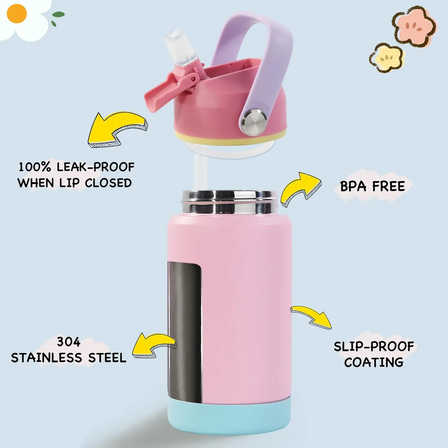 Kerilyn 12oz Insulated Water Bottle for Kids, Stainless Steel Insulated Kids Water Bottle, Toddler Cup with Straws Leak-Proof, Kids Water Bottles for School Boys Girls, BPA Free, Charm Pink