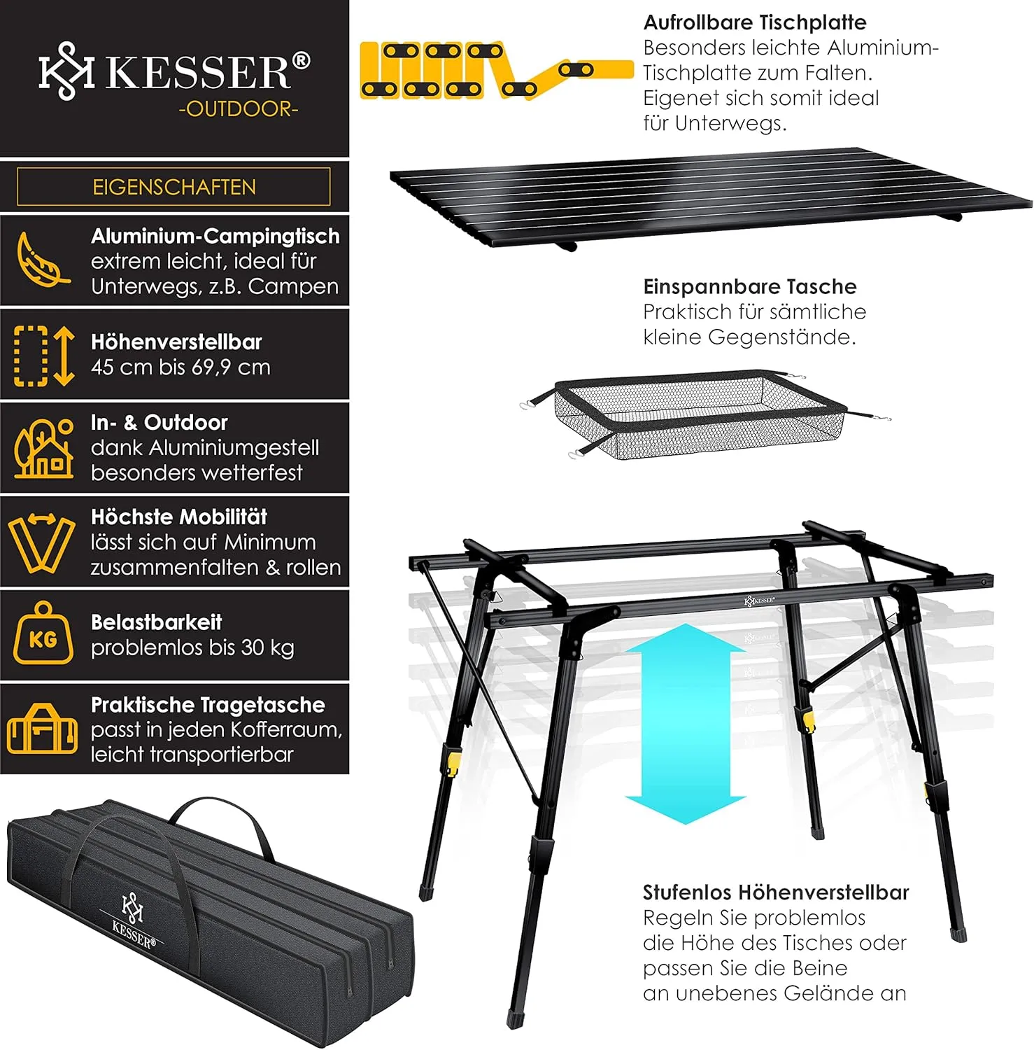 KESSER® Folding Camping Table with Aluminium Frame and Height-Adjustable Incl. Carry Bag with Strap, 90 x 53 cm, up to 30 kg, Black