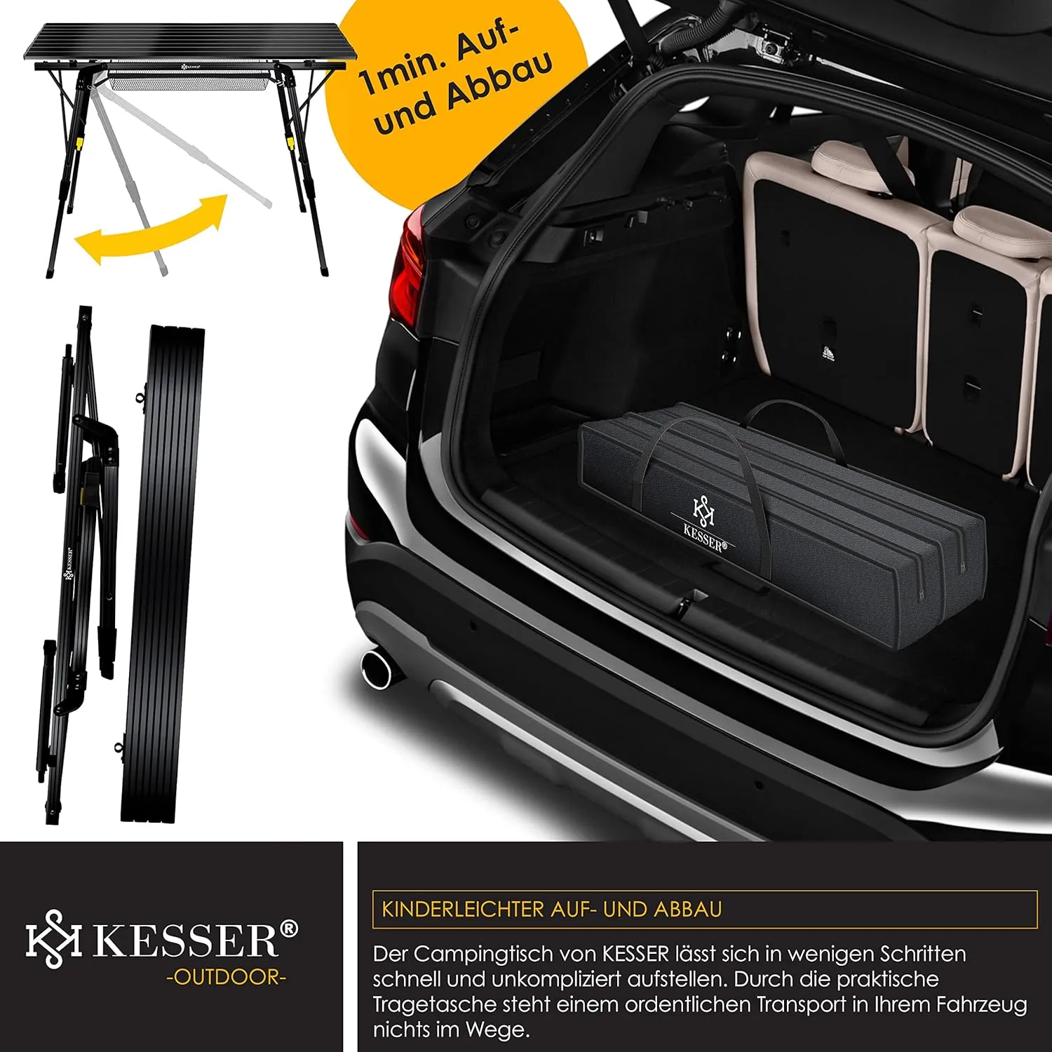 KESSER® Folding Camping Table with Aluminium Frame and Height-Adjustable Incl. Carry Bag with Strap, 90 x 53 cm, up to 30 kg, Black