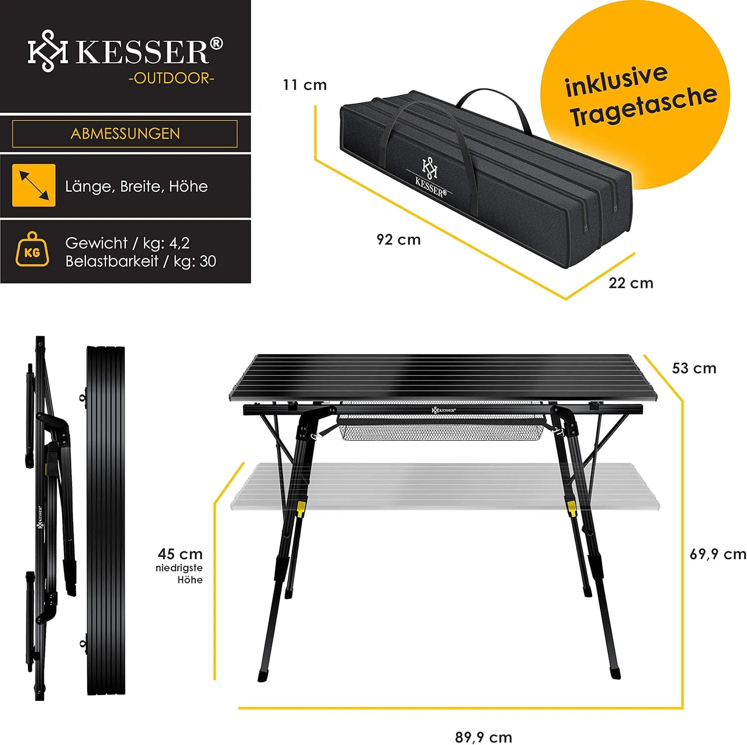 KESSER® Folding Camping Table with Aluminium Frame and Height-Adjustable Incl. Carry Bag with Strap, 90 x 53 cm, up to 30 kg, Black