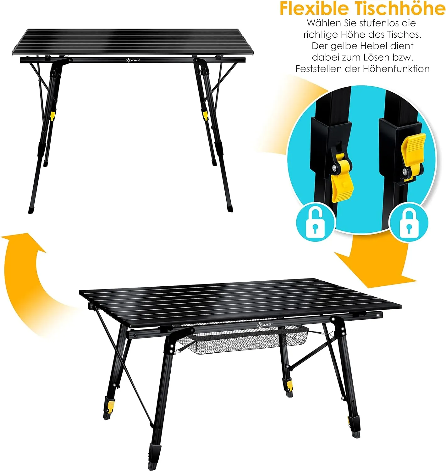 KESSER® Folding Camping Table with Aluminium Frame and Height-Adjustable Incl. Carry Bag with Strap, 90 x 53 cm, up to 30 kg, Black