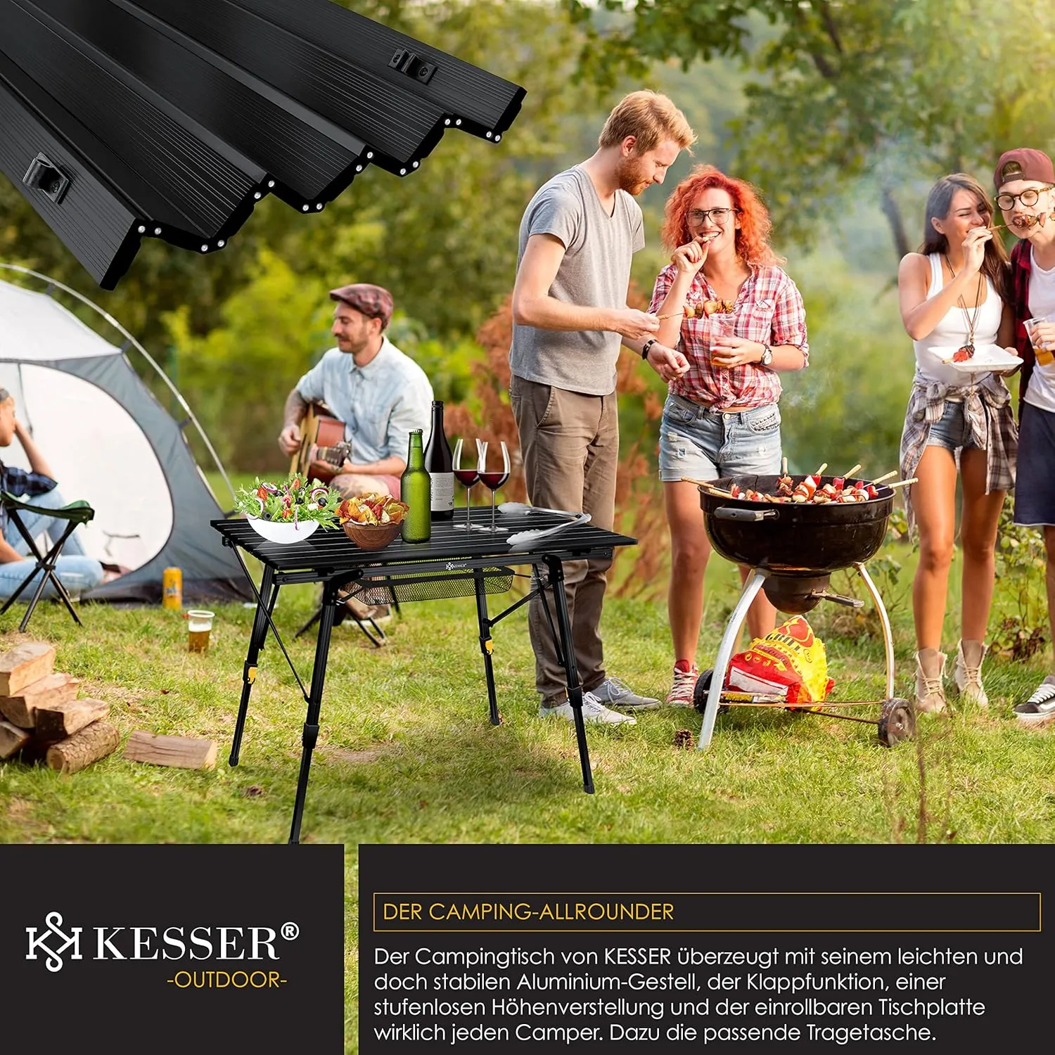 KESSER® Folding Camping Table with Aluminium Frame and Height-Adjustable Incl. Carry Bag with Strap, 90 x 53 cm, up to 30 kg, Black