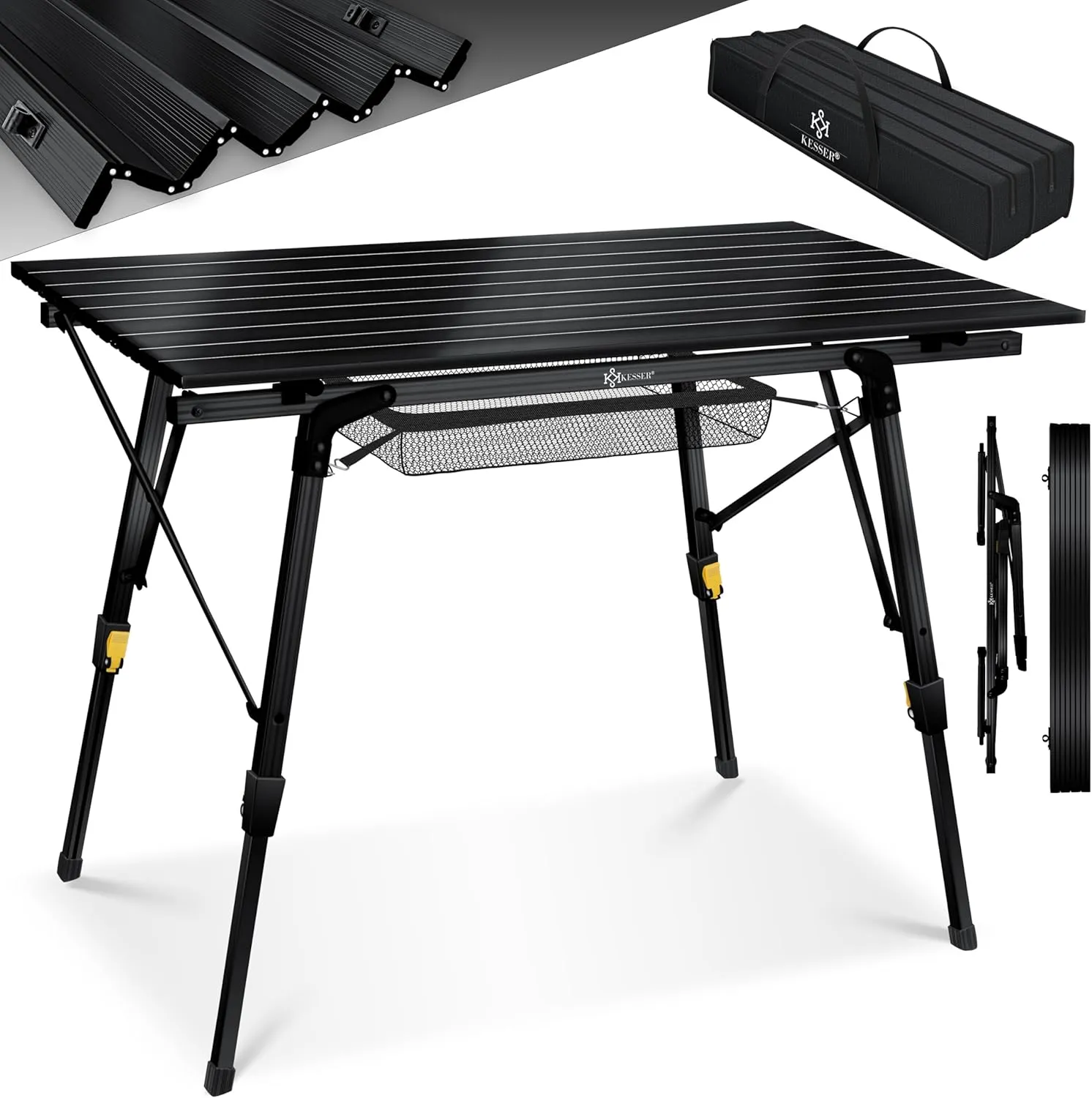 KESSER® Folding Camping Table with Aluminium Frame and Height-Adjustable Incl. Carry Bag with Strap, 90 x 53 cm, up to 30 kg, Black