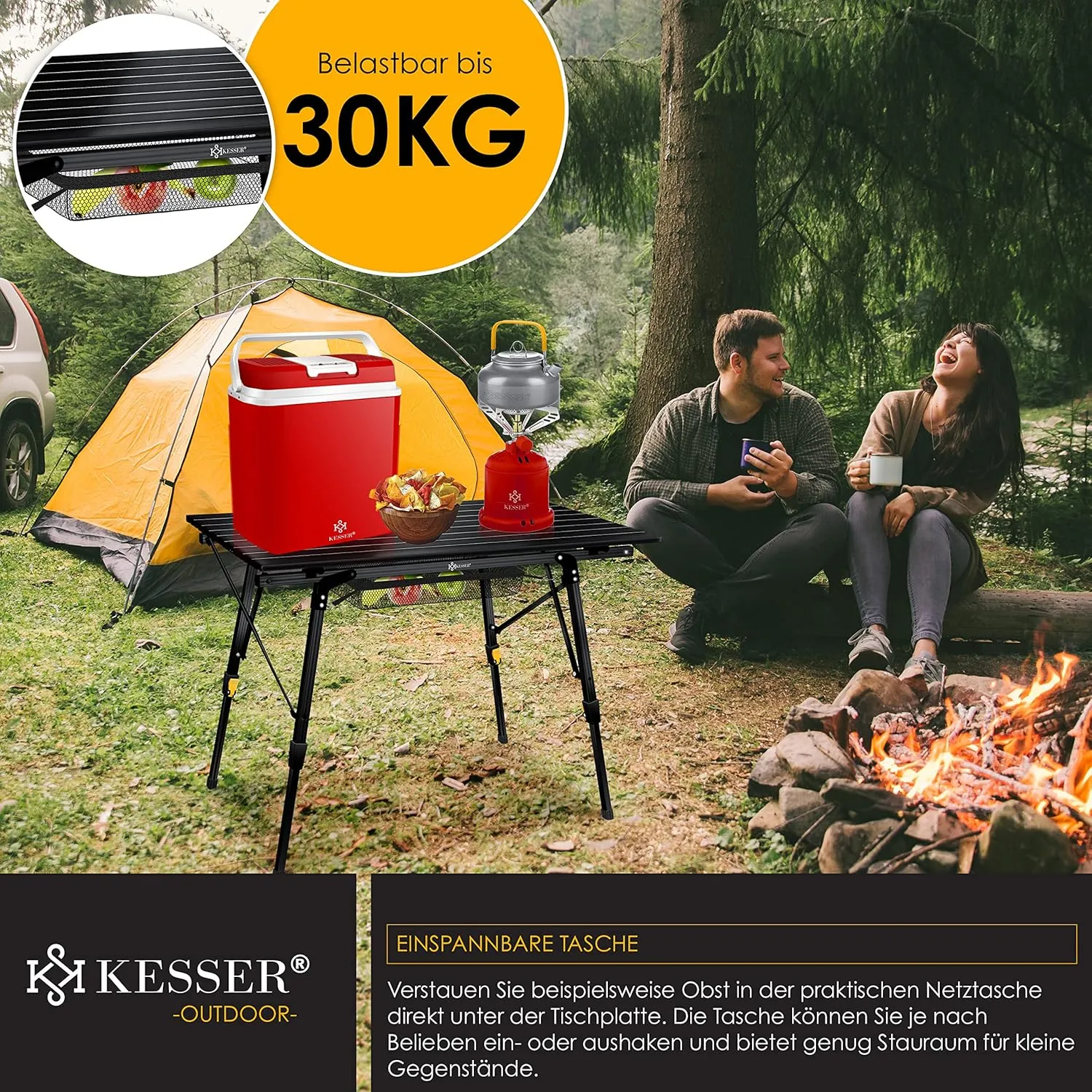 KESSER® Folding Camping Table with Aluminium Frame and Height-Adjustable Incl. Carry Bag with Strap, 90 x 53 cm, up to 30 kg, Black