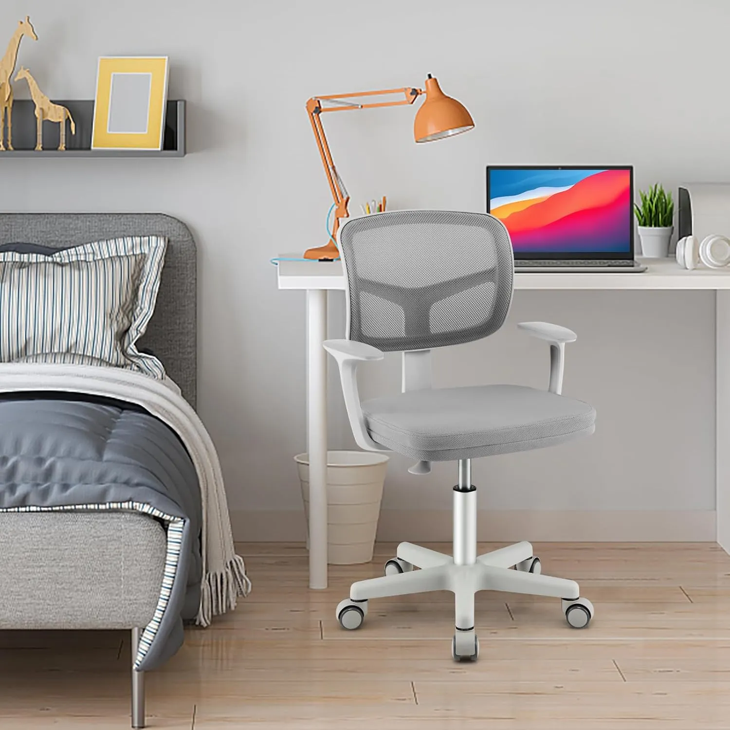 Kids Desk Chair, Ergonomic Kids Swivel Study Chair with Lumbar Support, Breathable Mesh & Universal Wheels, Height Adjustable Kids Computer Chair for Boys & Girls (Grey)