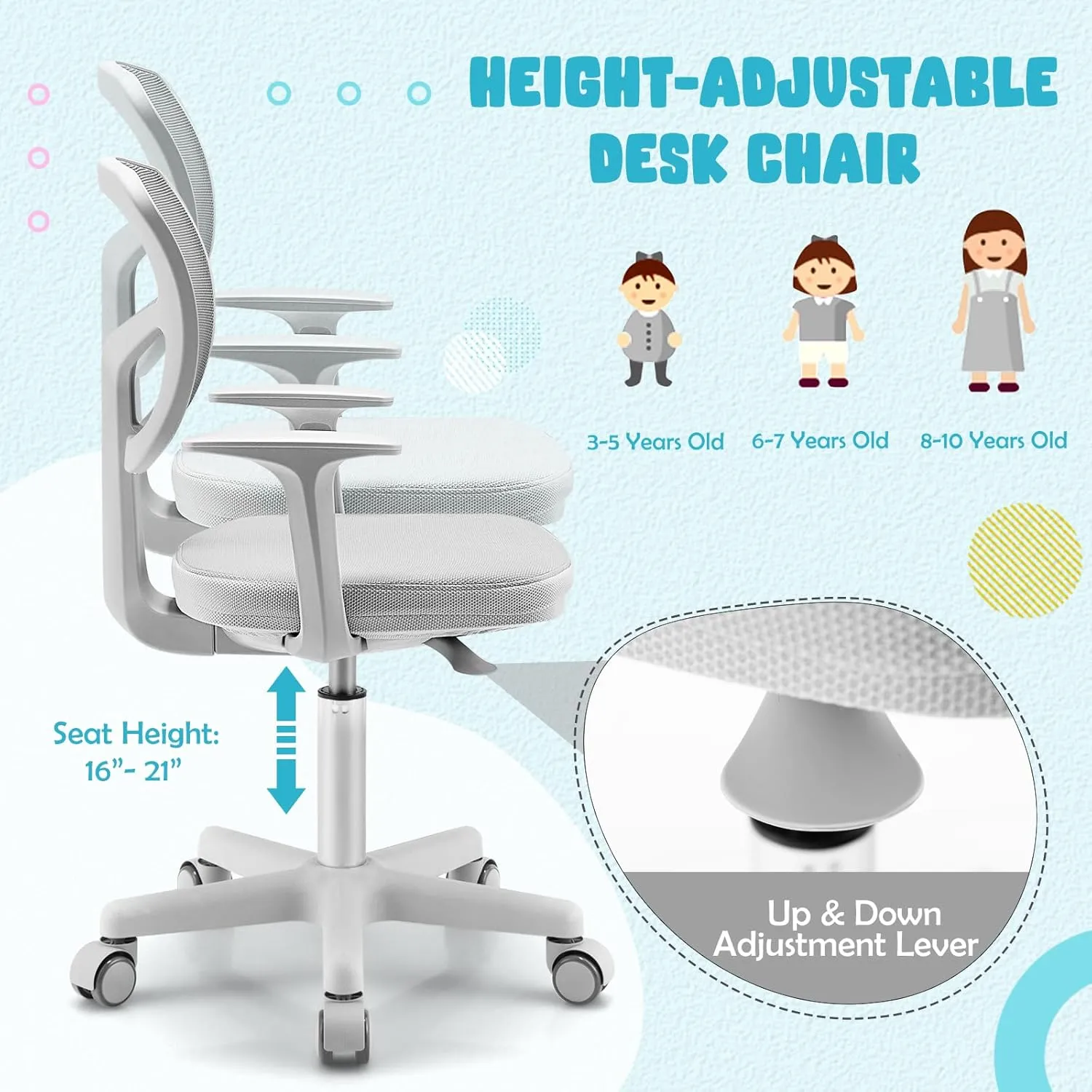 Kids Desk Chair, Ergonomic Kids Swivel Study Chair with Lumbar Support, Breathable Mesh & Universal Wheels, Height Adjustable Kids Computer Chair for Boys & Girls (Grey)