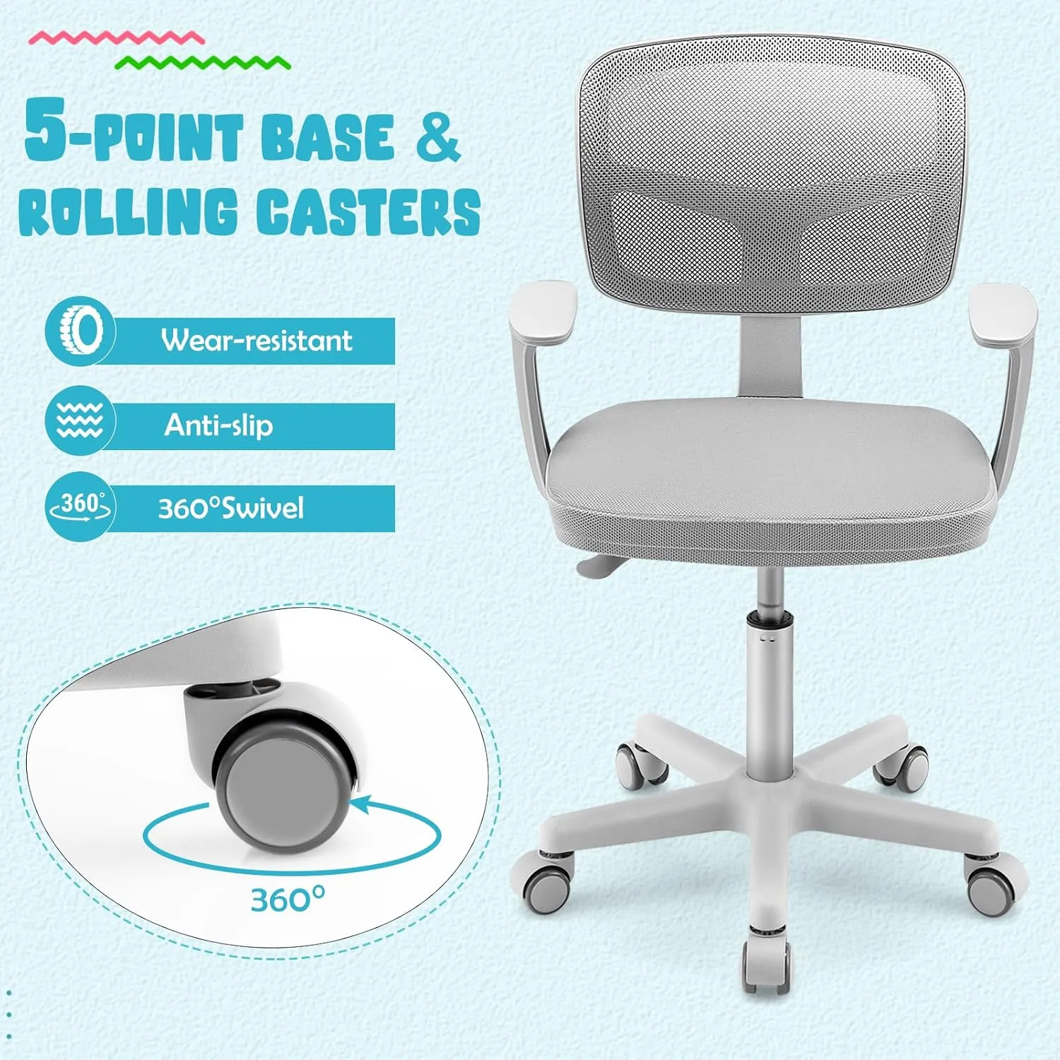 Kids Desk Chair, Ergonomic Kids Swivel Study Chair with Lumbar Support, Breathable Mesh & Universal Wheels, Height Adjustable Kids Computer Chair for Boys & Girls (Grey)