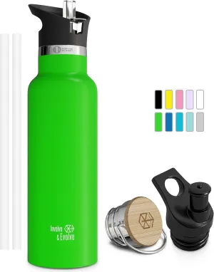 Kids Water Bottle Easy-Sip Straw Lid Leak-Proof Insulated Stainless Steel Thermos Perfect for School & Pickleball 3 Lids BPA-Free Keeps Drinks Cold for 24 Hours (Kiwi 20oz)