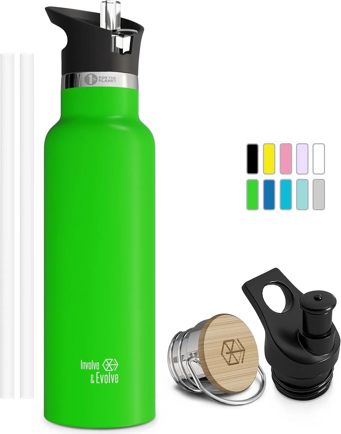 Kids Water Bottle Easy-Sip Straw Lid Leak-Proof Insulated Stainless Steel Thermos Perfect for School & Pickleball 3 Lids BPA-Free Keeps Drinks Cold for 24 Hours (Kiwi 20oz)