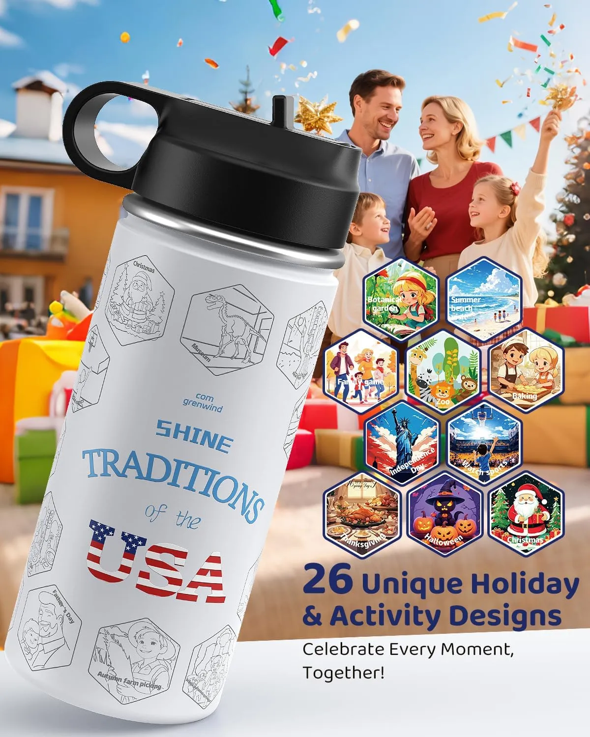 Kids Water Bottle with Straw Lid, Holiday & Activity Tracker Kids Stainless Steel Insulated Vacuum Water Bottle 16 oz for Parent-Child Moments, for Boys and Girls (Ivory)