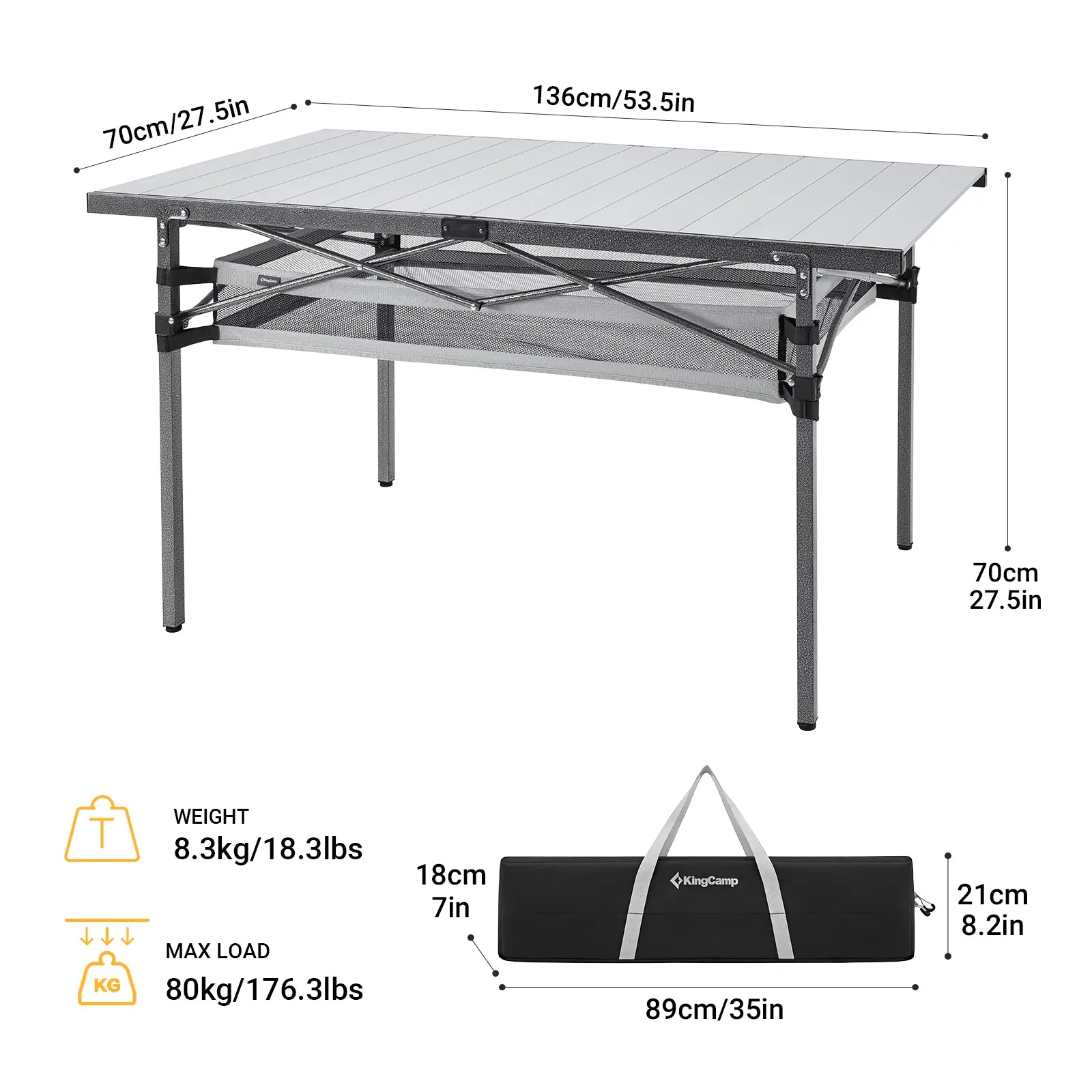 KingCamp Aluminum Roll Up Table with Net Bag for 4-6 Person