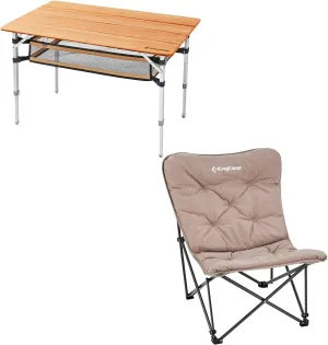 KingCamp Bamboo Folding Table with Storage Mesh Layer & Padded Oversized Camping Chair Super Comfort Butterfly Back Folding Chair