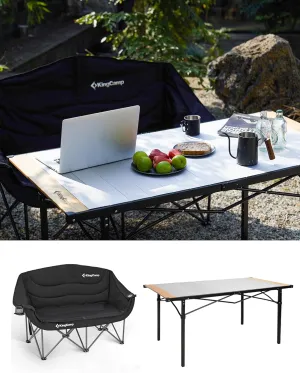 KingCamp Double Camping Chair Folding Camping Table, Aluminum Roll-Up Camp Table