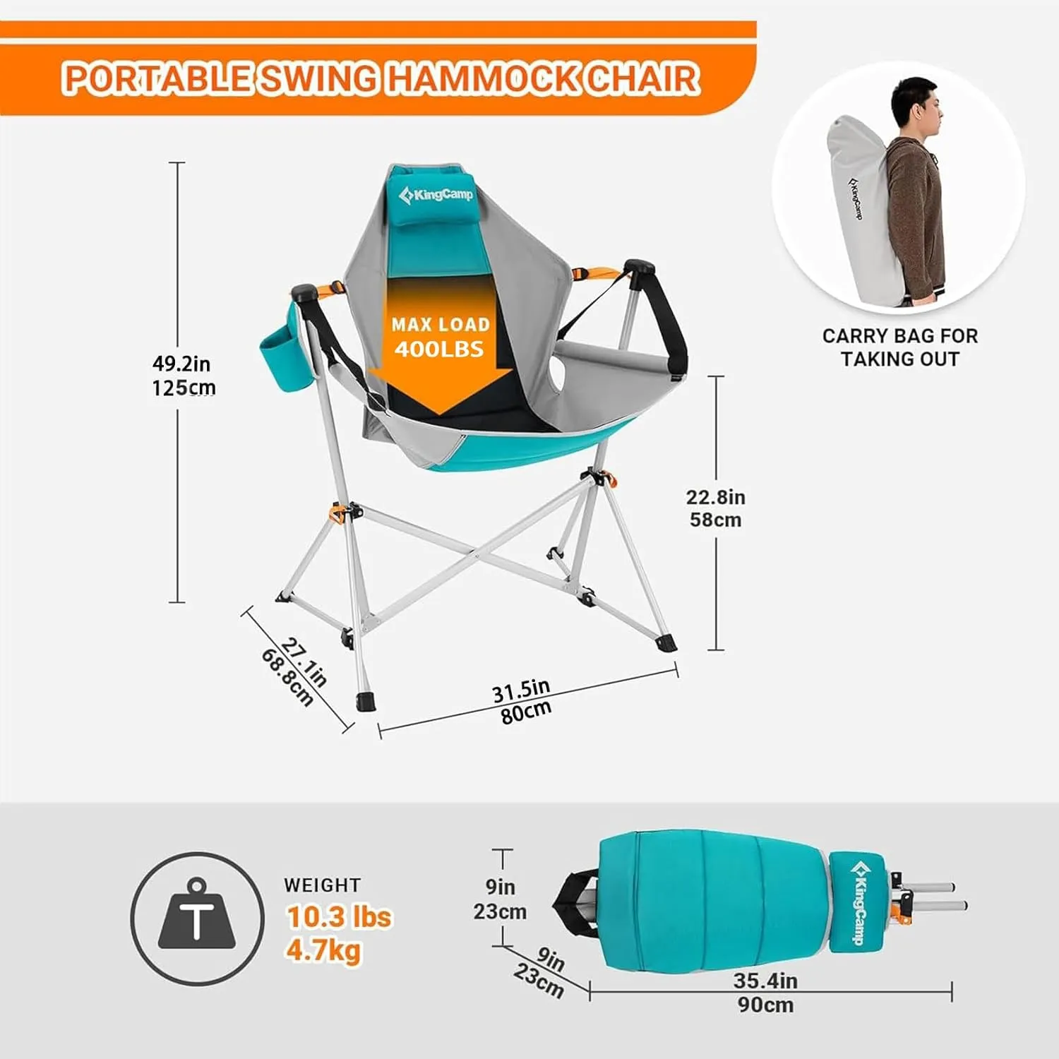 KingCamp Hammock Camping Chair, Swinging Portable Folding Camp Chairs for Adults 400lbs Heavy Duty Foldable Oversized Rocker with Aluminum Alloy Frame Cup Holder Pillow for Outdoor Beach Patio Sport