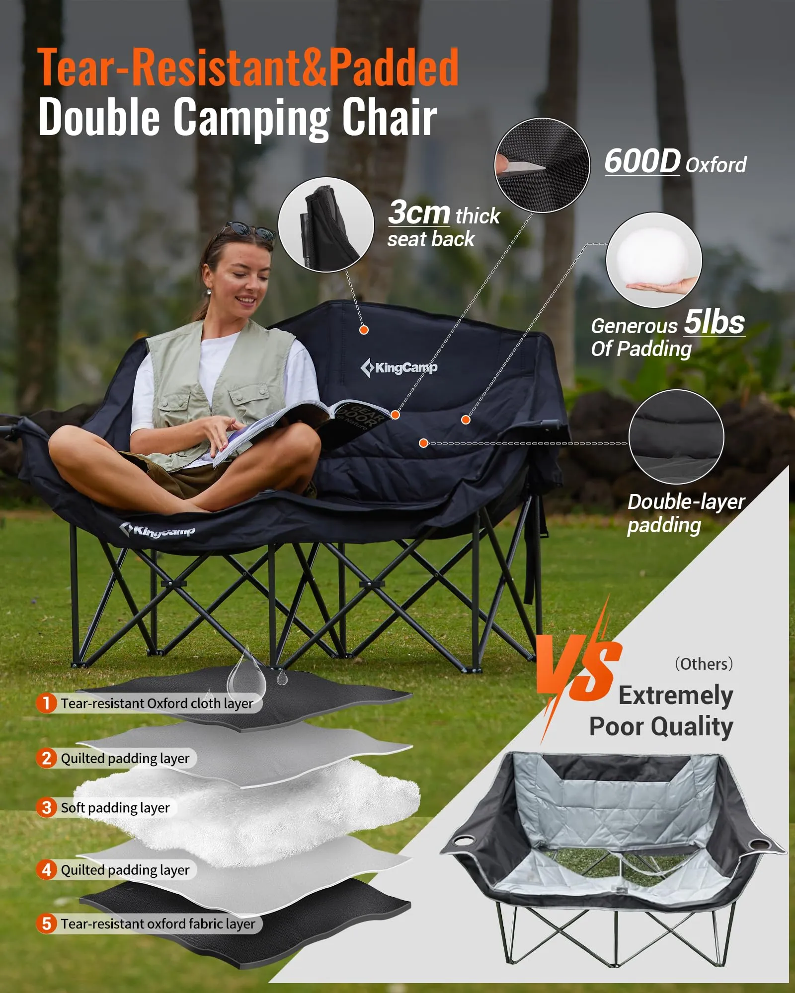 KingCamp Outdoor Dining & Relaxation Set – Hybrid Roll-Top Table   Oversize Double Camping Loveseat