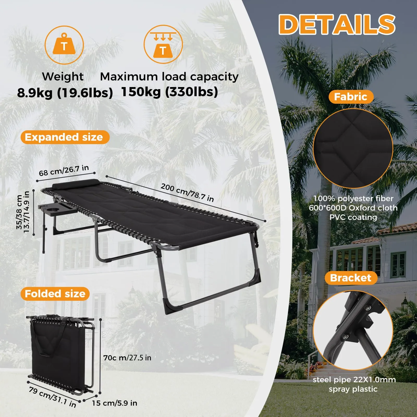 KingCamp Oversize Padded Folding Chaise Lounge Chair with Pillow & Side Table