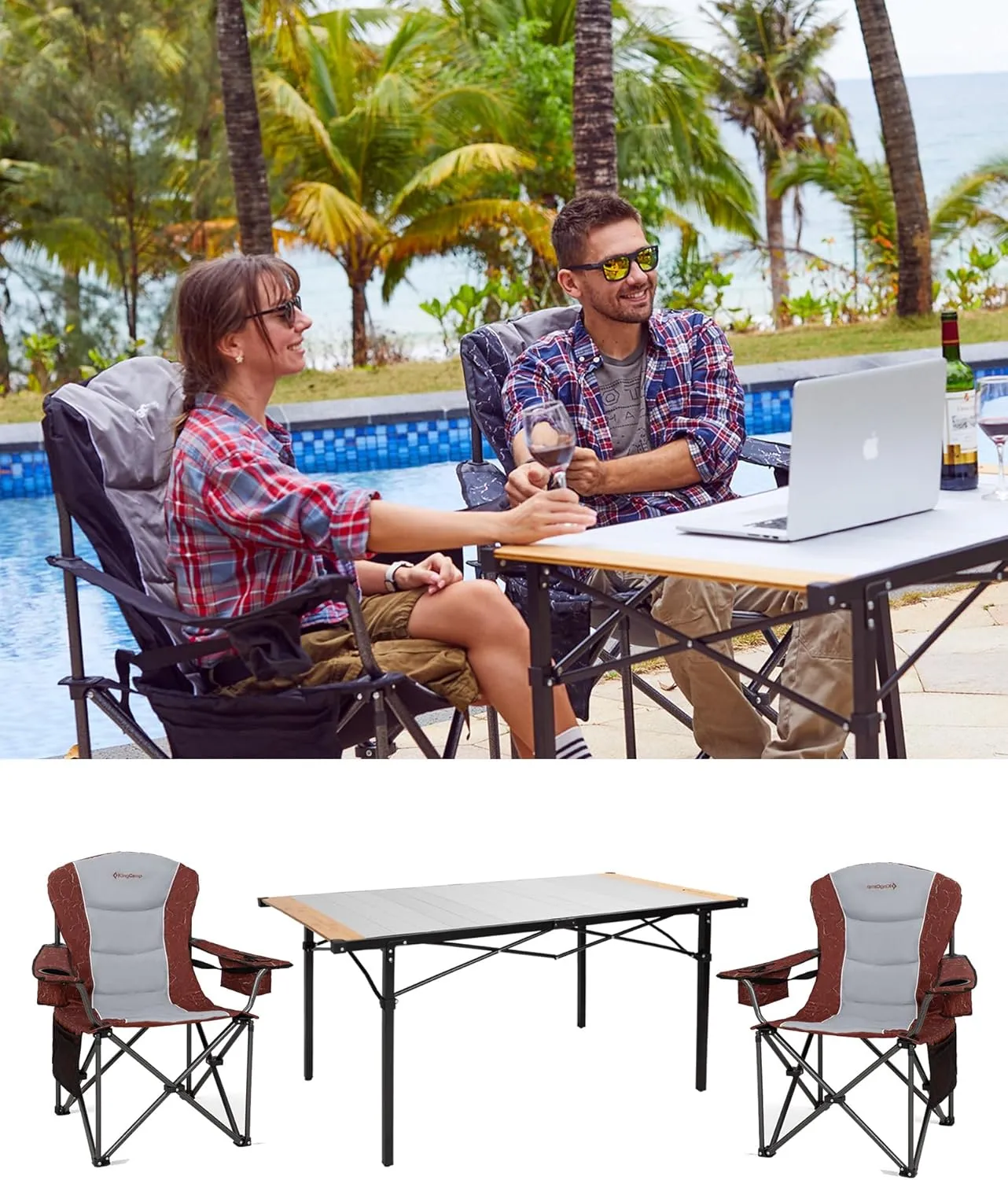 KingCamp Oversized Camping Folding Chair 2 Pack Folding Camping Table, Aluminum Roll-Up Camp Table