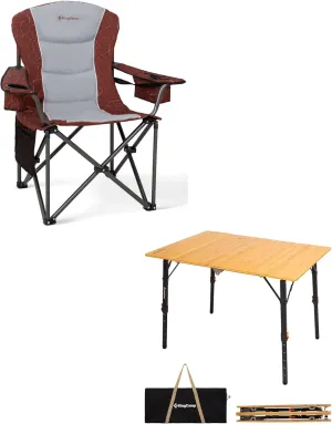 KingCamp Oversized Camping Folding Chair, Heavy Duty 450 LBS with Bamboo Folding Table Portable Picnic Camping Table with Carry Bag