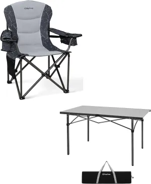 KingCamp Oversized Camping Folding Chair, Heavy Duty 450 LBS with Folding Camping Table, Aluminum Roll-Up Camp Table for 6-8 Person