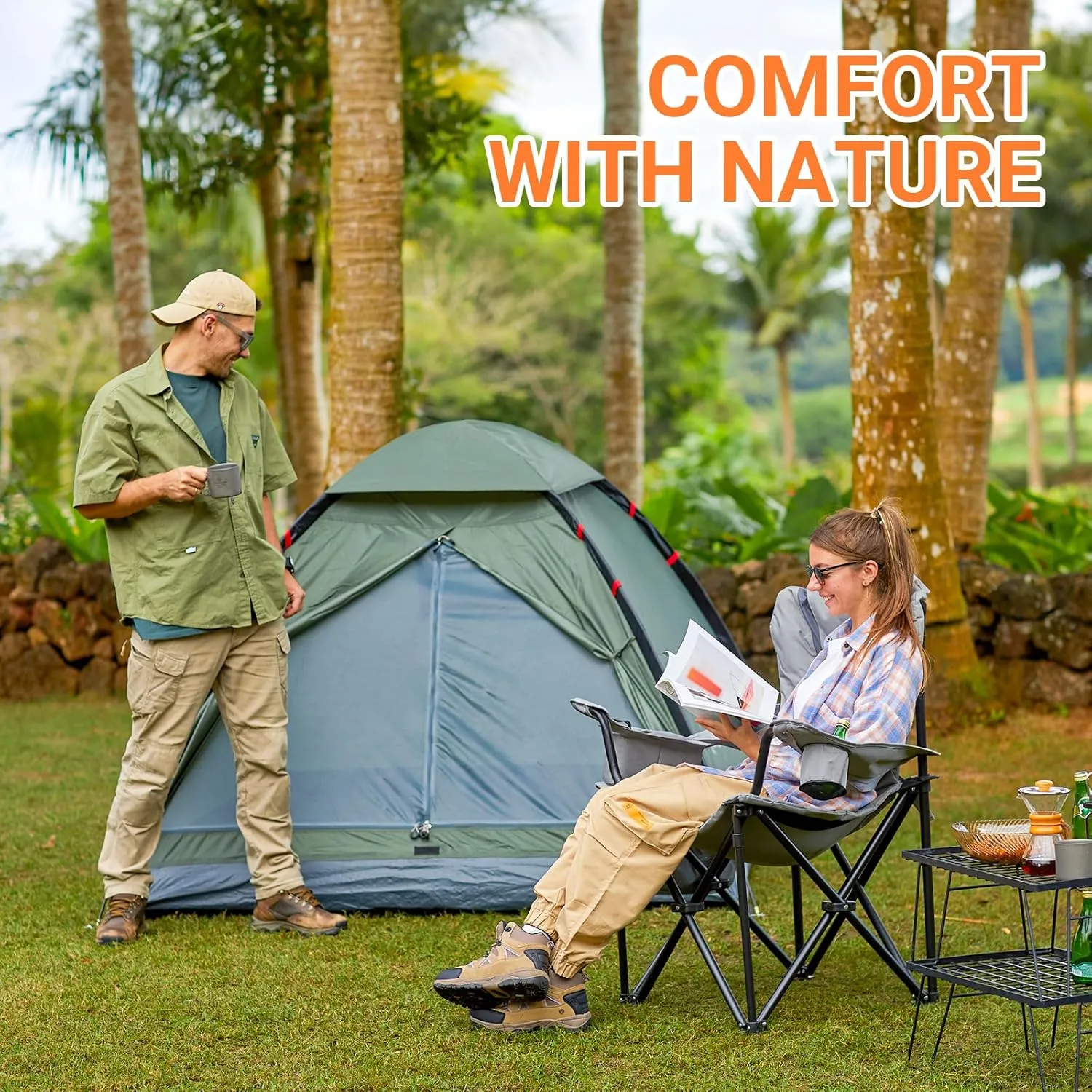 KingCamp Oversized Camping Folding Chair with Lumbar Support, Heavy Duty Ergonomic Padded Arm Chair with Cooler Bag, Cup Holder, Portable for Outdoor