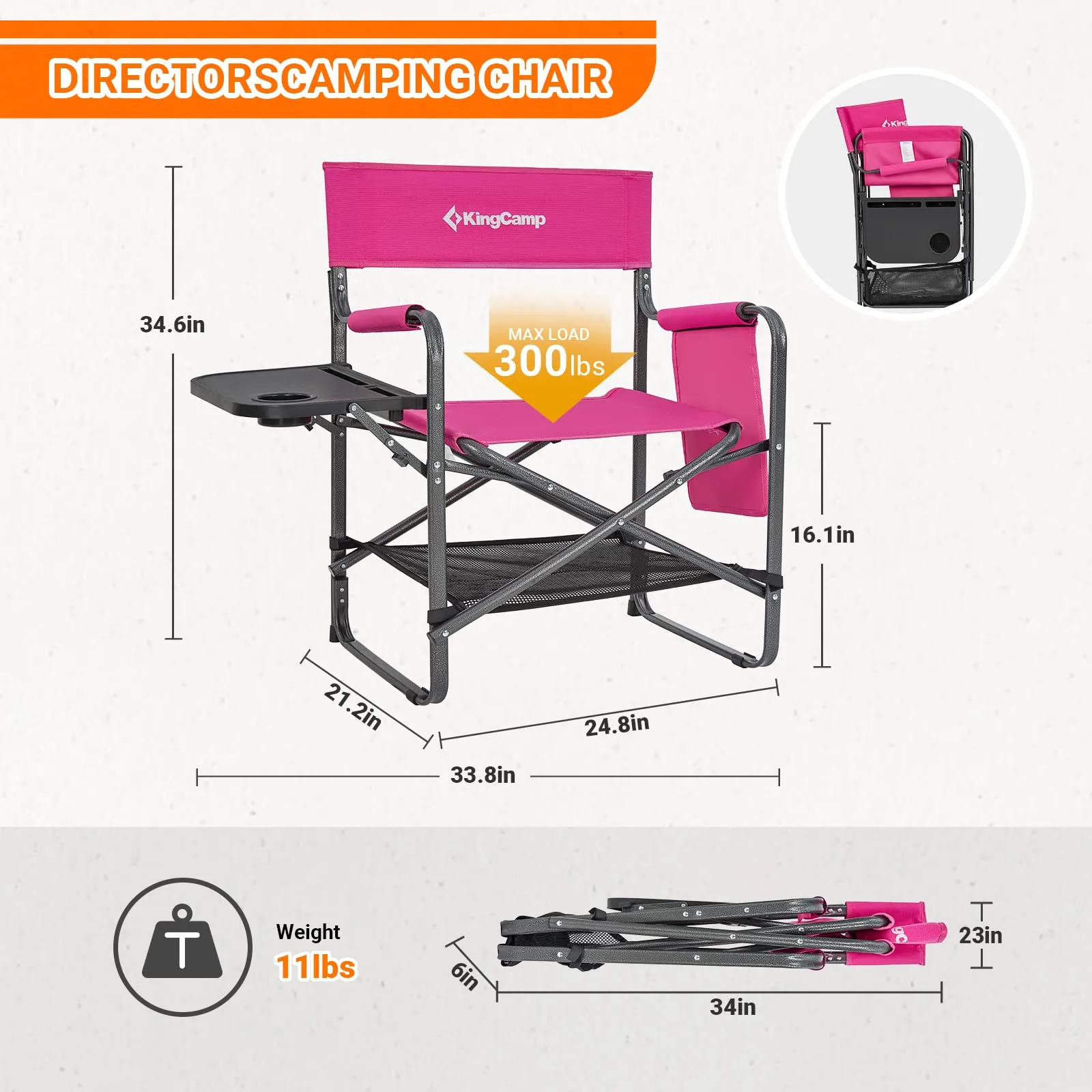 KingCamp Padded Outdoor Folding Director Chair with Side Table