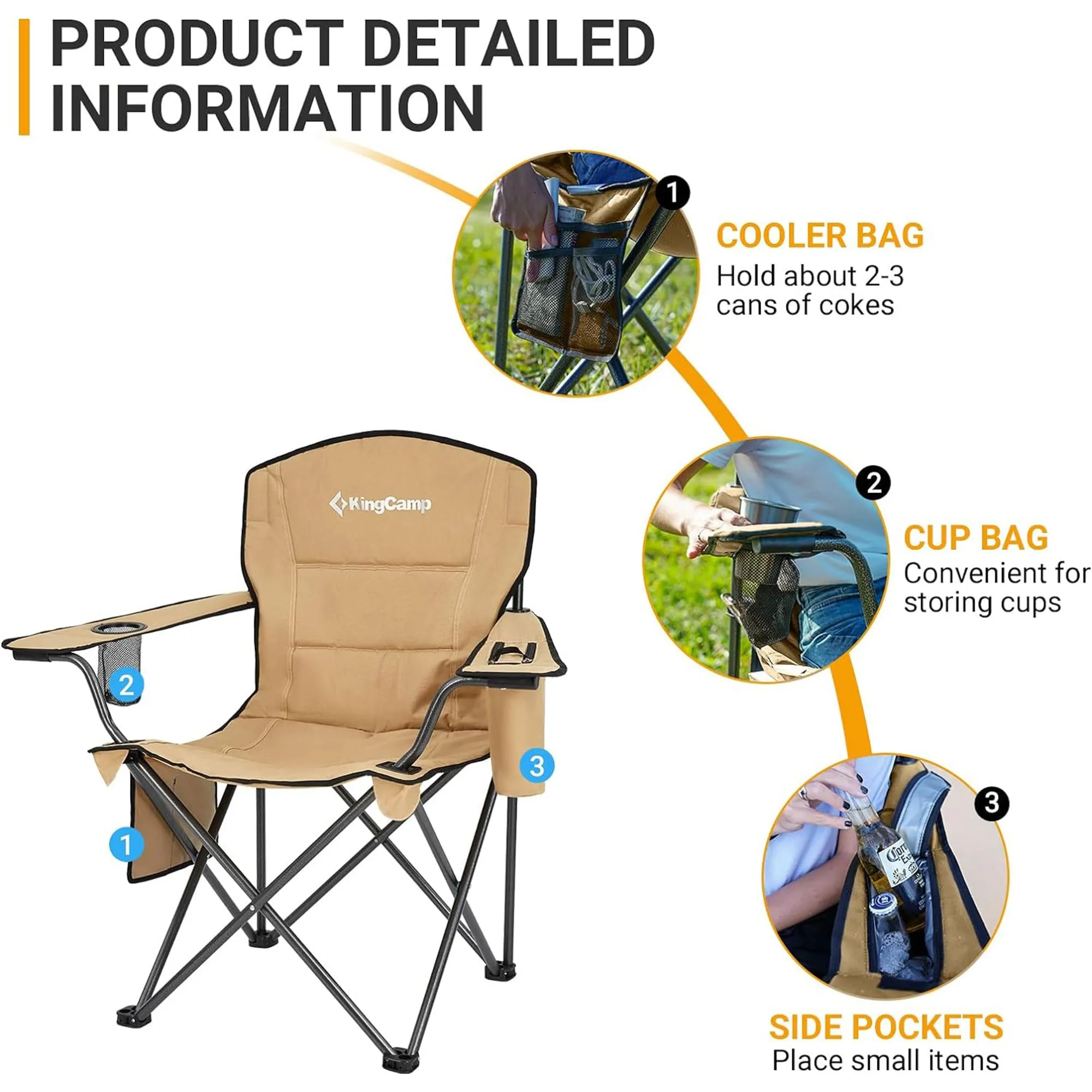 KingCamp Padded Outdoor Folding Quilted Armchair with Built In Cupholder