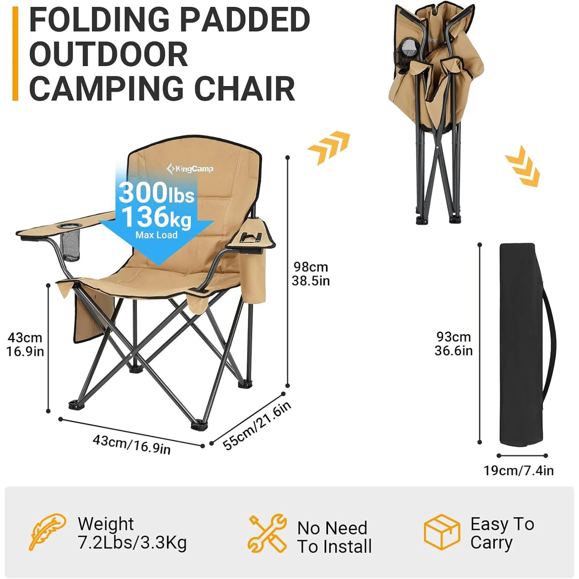 KingCamp Padded Outdoor Folding Quilted Armchair with Built In Cupholder