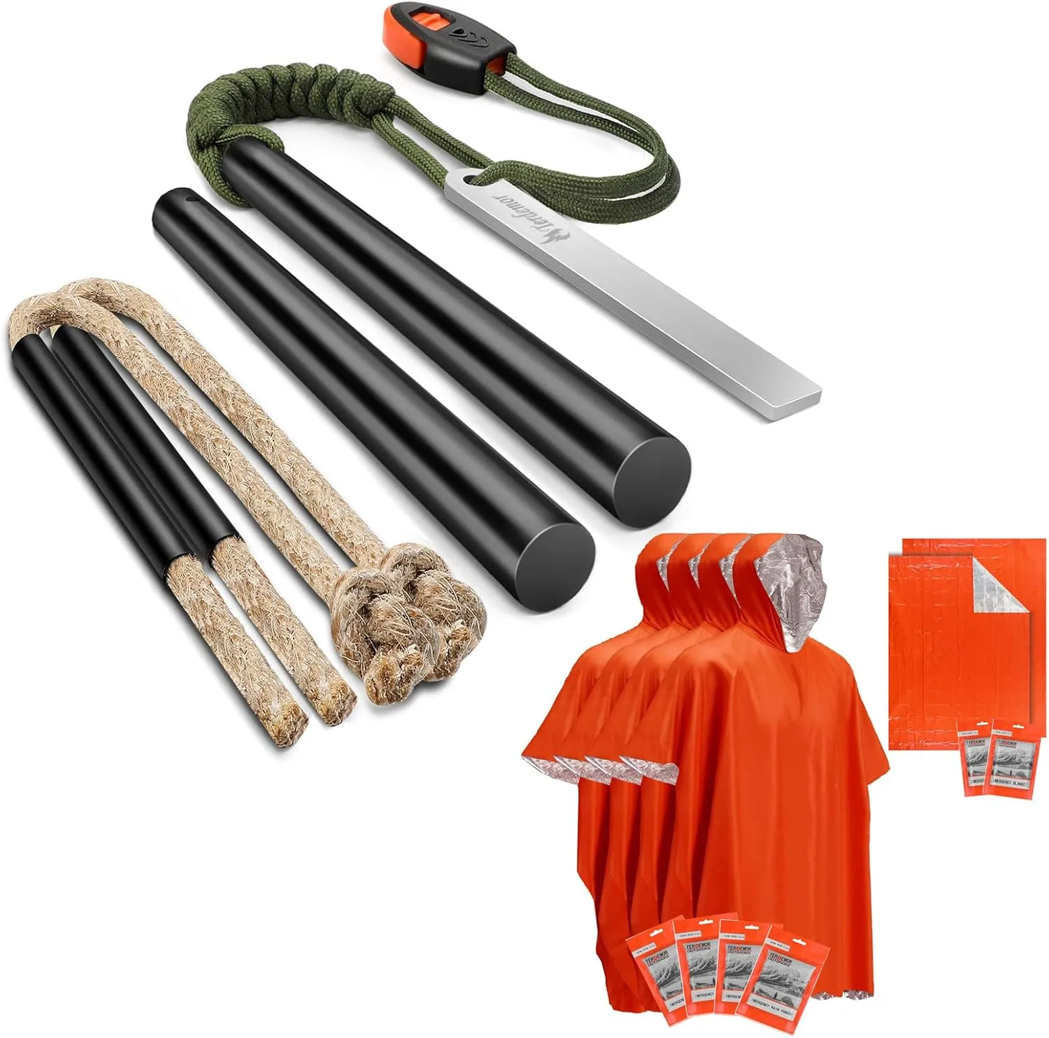 Kit (Two 5" Ferro Rod & Two 12" Wax Impregnated Tinder Included) and 4 Pack Emergency Poncho, 2 Pack Emergency Blanket