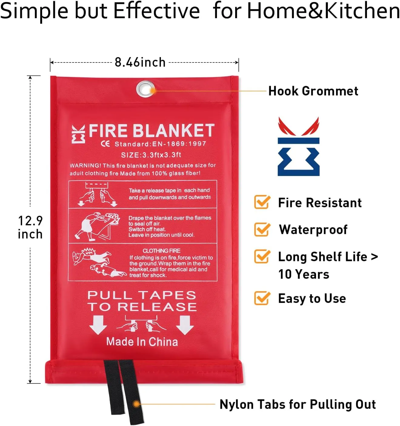 KITOSUN Fire Blanket for Kitchen Home Emergency - Fiberglass Blankets Fire Survival Suspension Flames Retardant Extinguisher Great for Stove Car Garage Office Camping Caravan BBQ Safety (8-Pack)