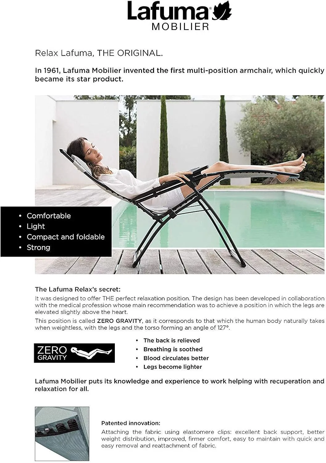 Lafuma Futura Zero Gravity Patio Recliner with Alloy Steel Material and Patented Clip Suspension System for Reclining Patio Chairs, Ocean Blue