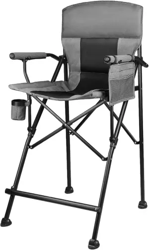 LANMONTAIN Extra Tall Directors Chair, Foldable w/Cup Holder,Side Mesh Pocket,Comfy Bar Height Camping Chairs for Adults,Heavy Duty Supports 350 Lbs,Hard Arm,Black&Grey