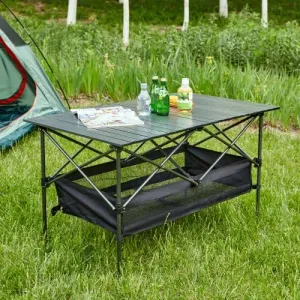 Large Folding Camping Table with Storage Bag, Adjustable Height Aluminum Roll-Up Portable Outdoor Picnic Table for 4-6 People - Lightweight Beach BBQ Table for Camping, Backyard, Tailgating